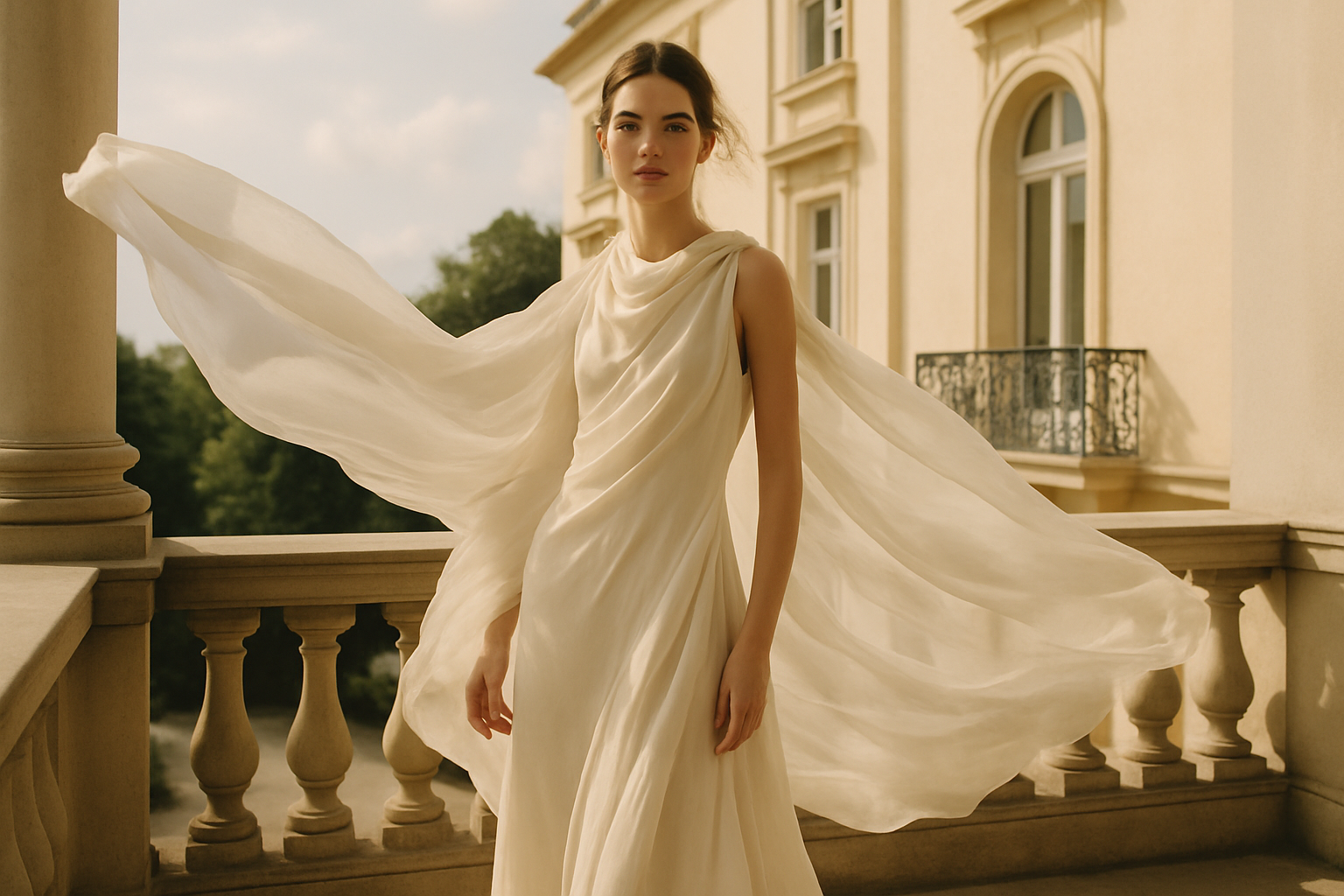 Model on a balcony with flowing fabric