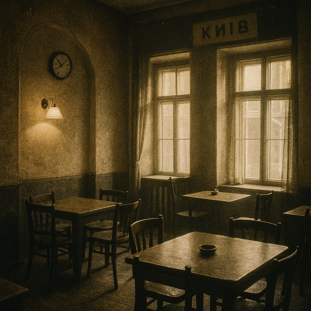 Grainy film photo of a vintage cafe