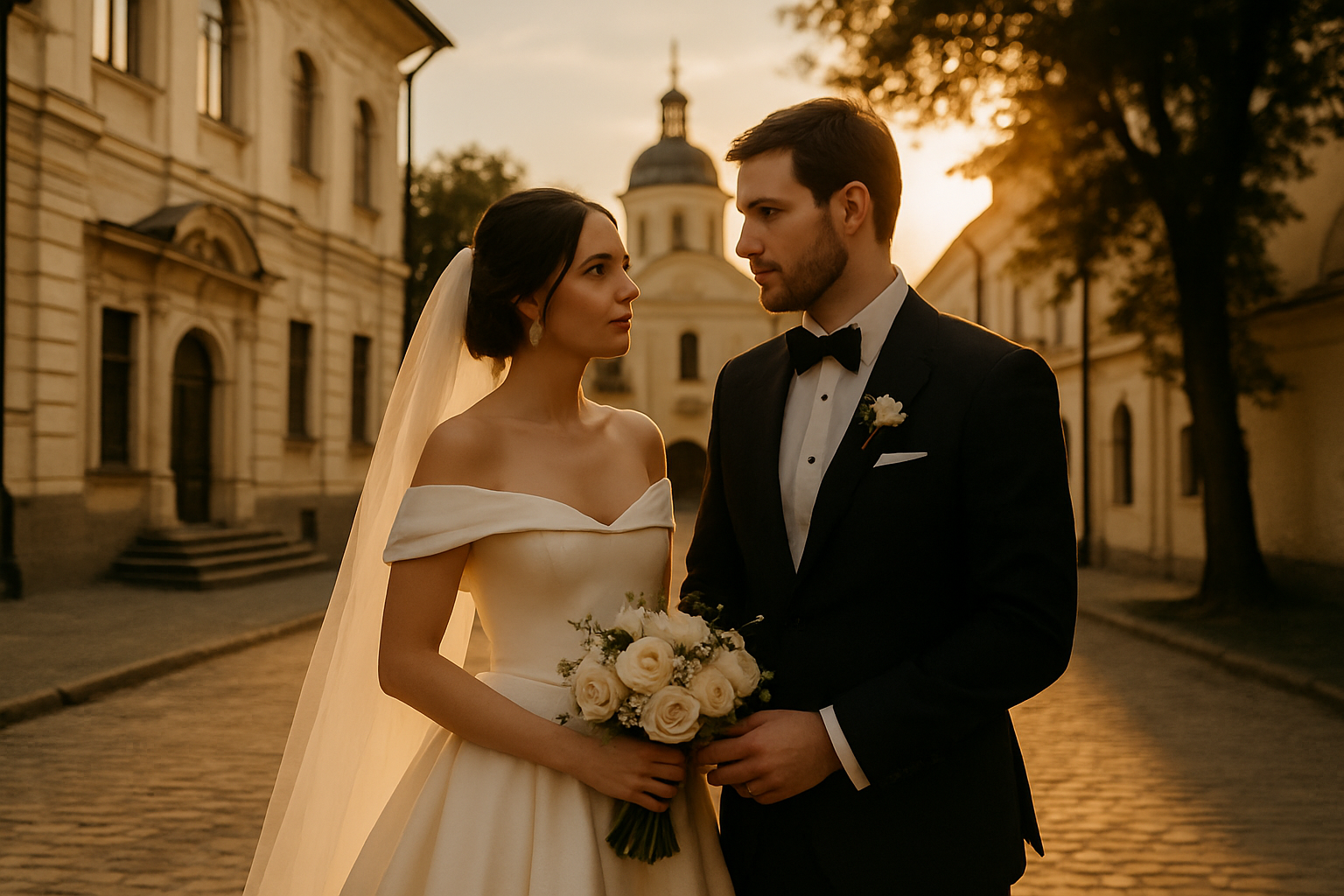 Bride and groom in a warm Kyiv courtyard