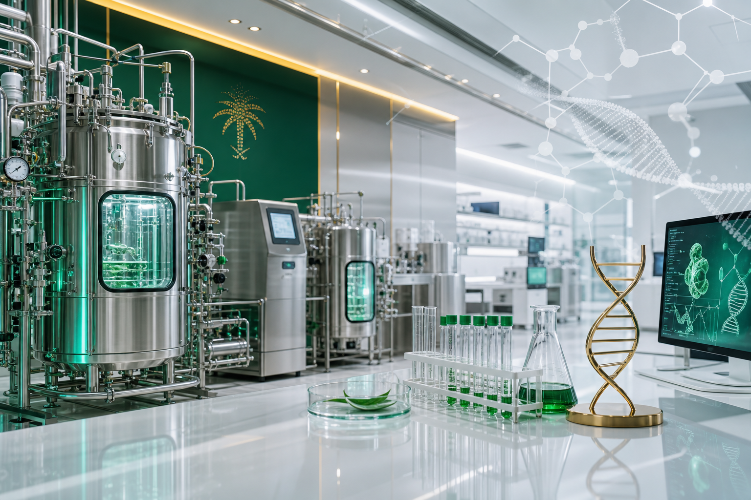 Premium biotechnology laboratory scene with modern equipment, soft emerald lighting, and molecular overlays