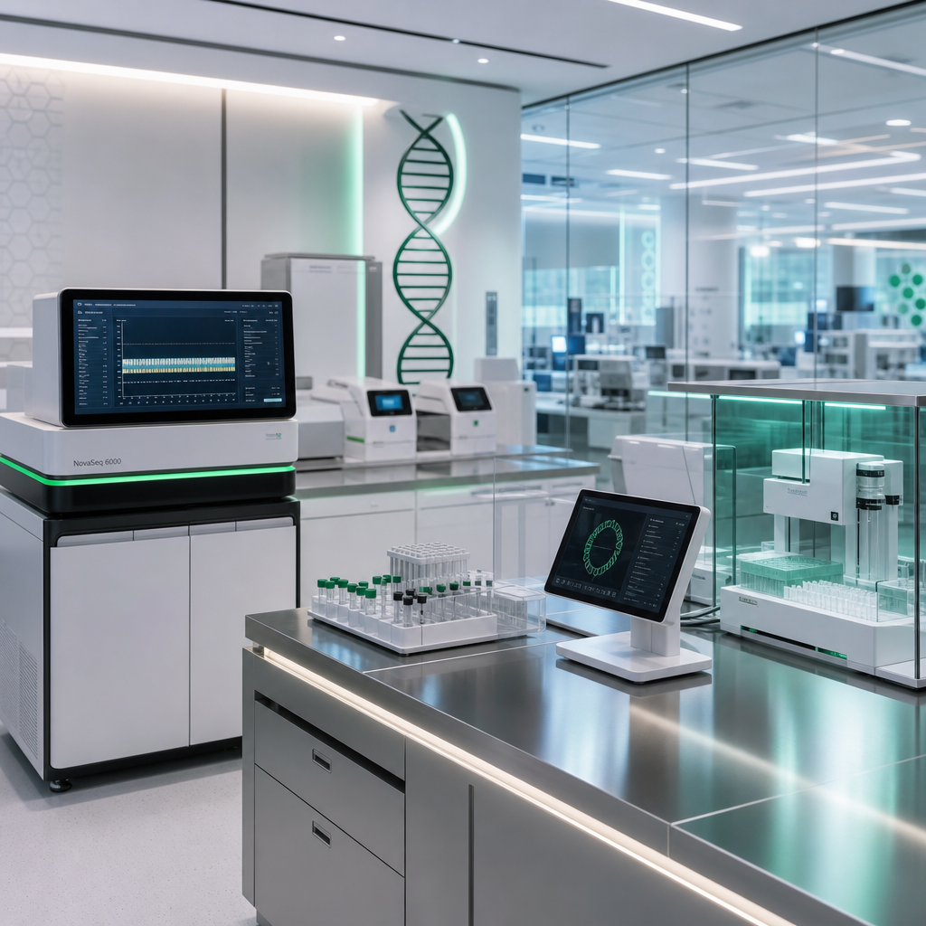 Premium biotechnology laboratory with advanced genomic instruments, illuminated workstations, and subtle DNA-inspired design accents