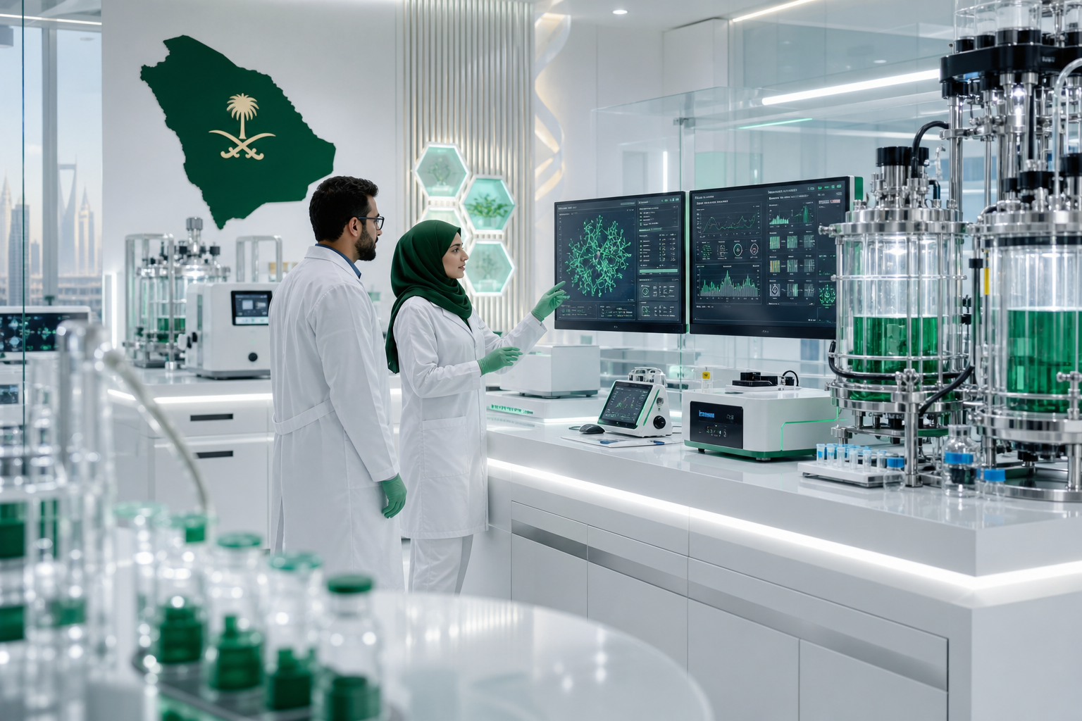 Premium biotechnology laboratory scene with Saudi researchers and advanced instrumentation