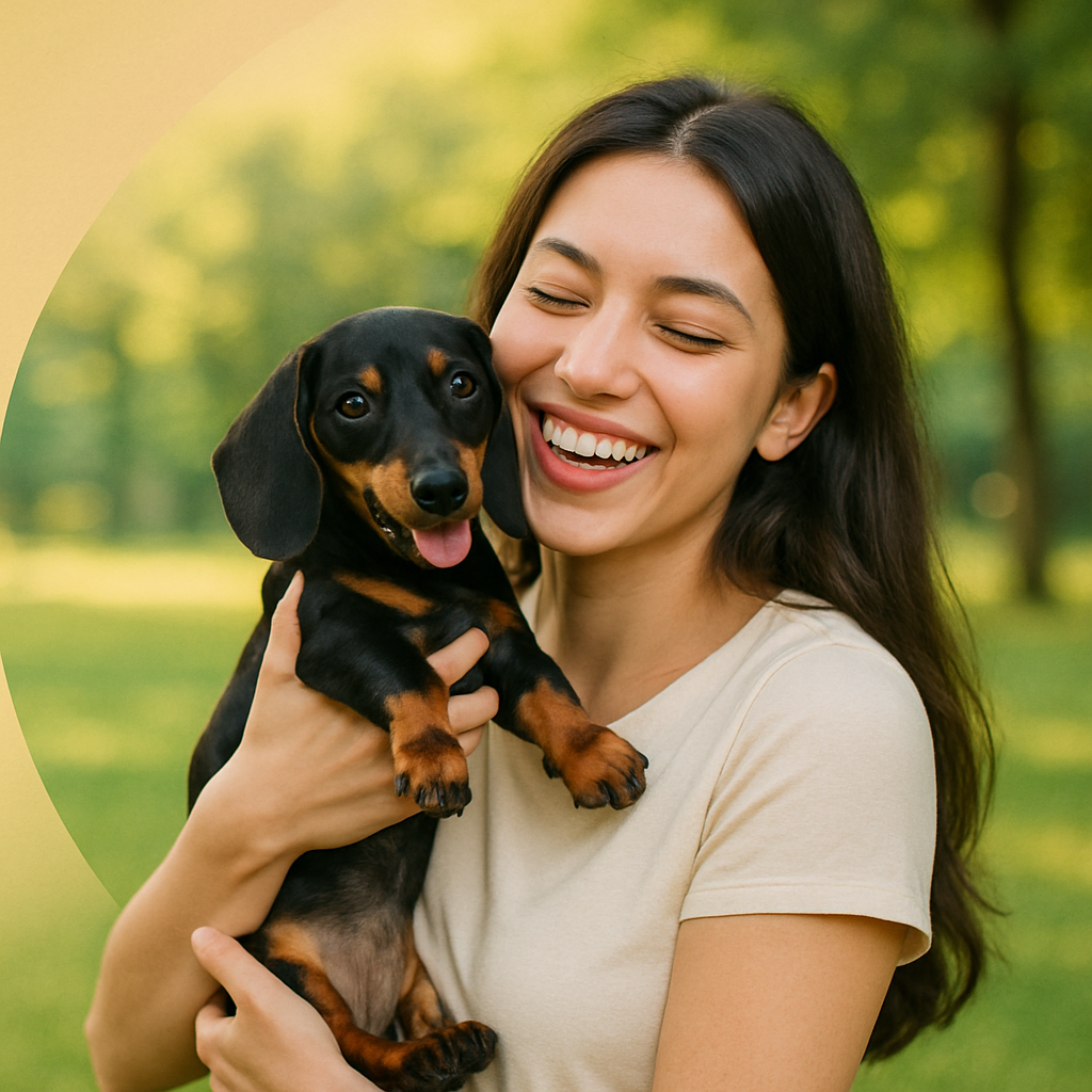 Young woman with black-and-tan Mini Dachshund puppy outdoors
