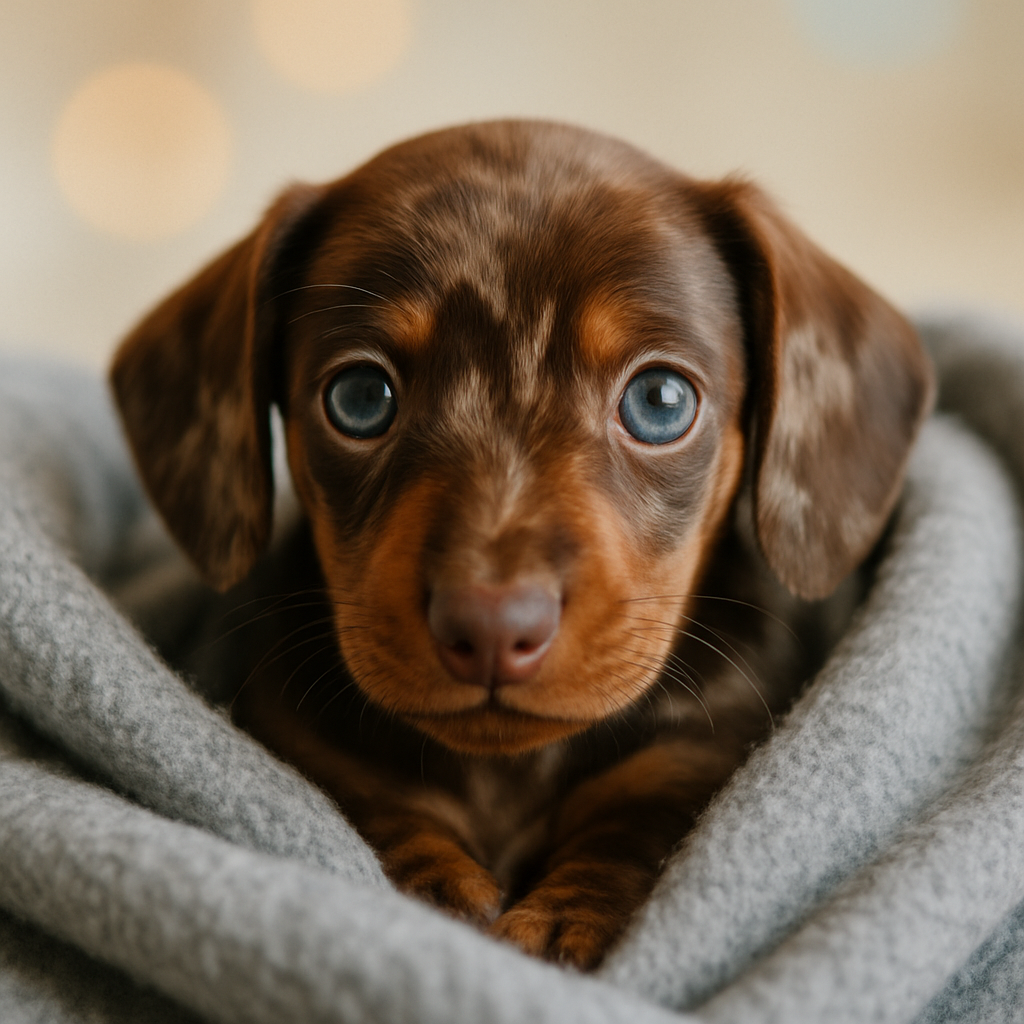 Placeholder: chocolate dapple smooth Mini Dachshund puppy with blue eyes snuggled in a blanket