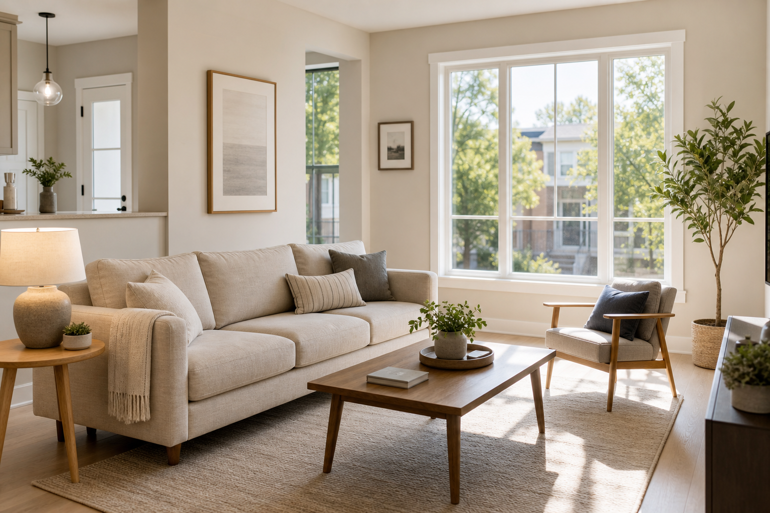 Bright, well-kept rental home interior with natural light, modern furnishings, and a welcoming living area