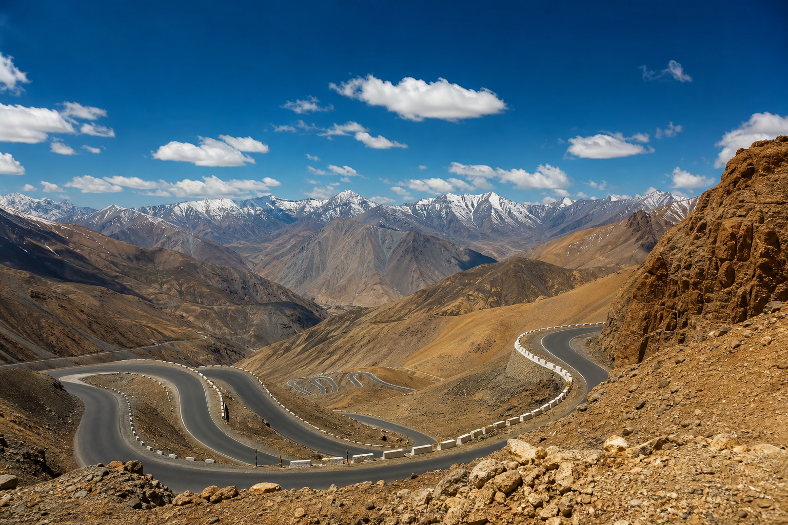 Ladakh mountain road winding through high-altitude barren peaks under a clear blue sky