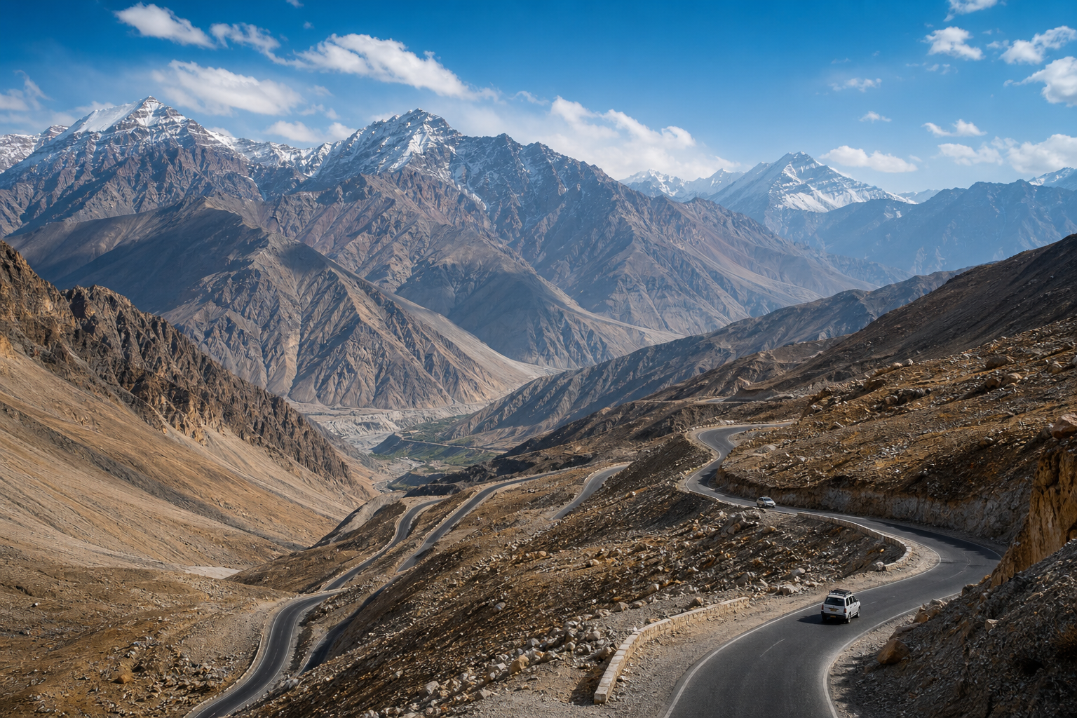 Panoramic Himalayan road winding through dramatic Ladakh and Spiti mountains under a crisp sky
