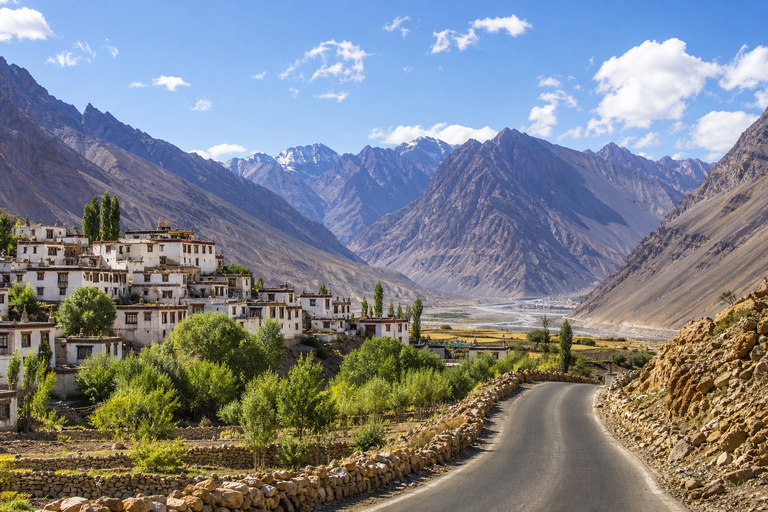 Spiti valley village road with whitewashed homes, layered mountains, and a wide open sky