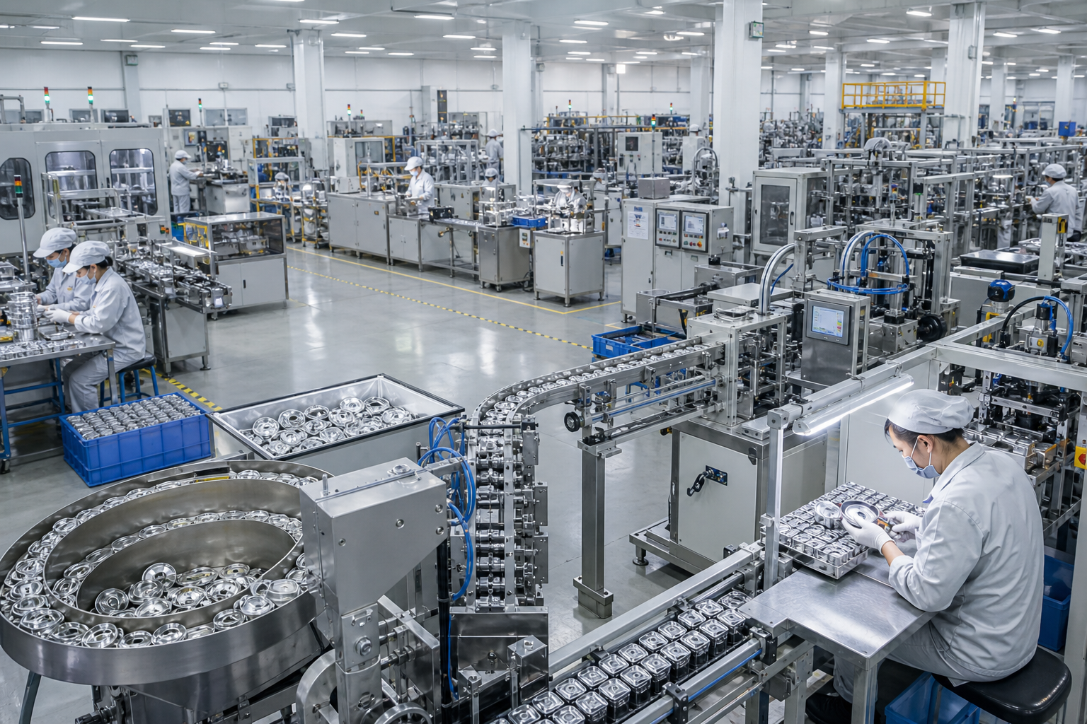 Clean aluminum can component production area with easy open end tooling and quality inspection stations