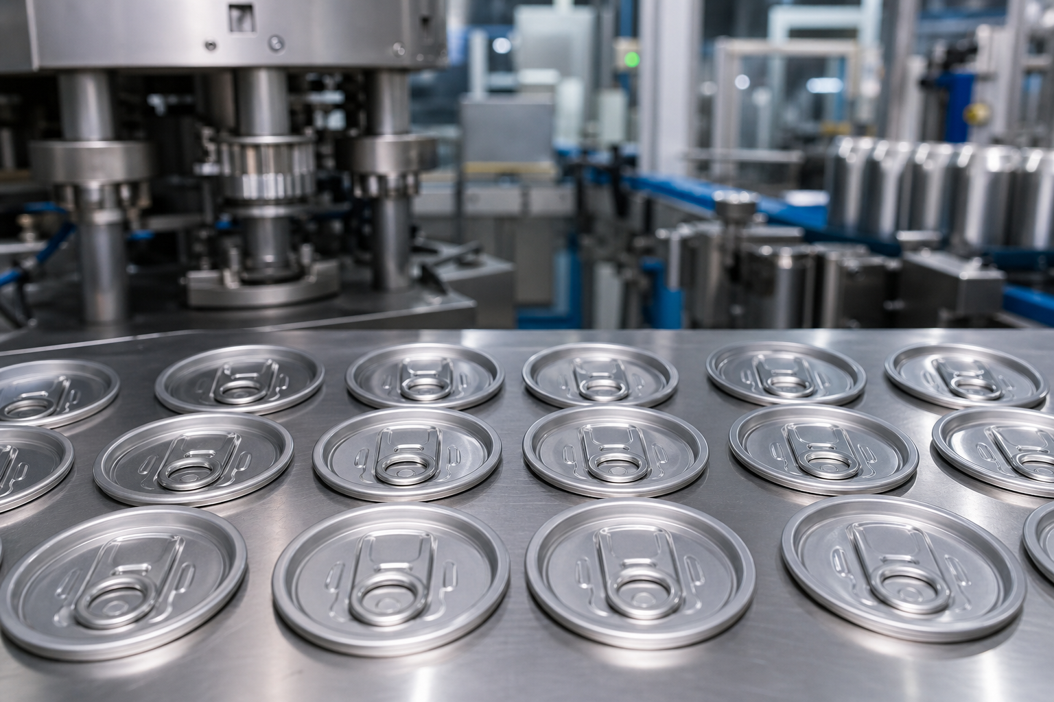 Aluminum easy open end pull tab components arranged on a clean industrial production table with packaging machinery in the background