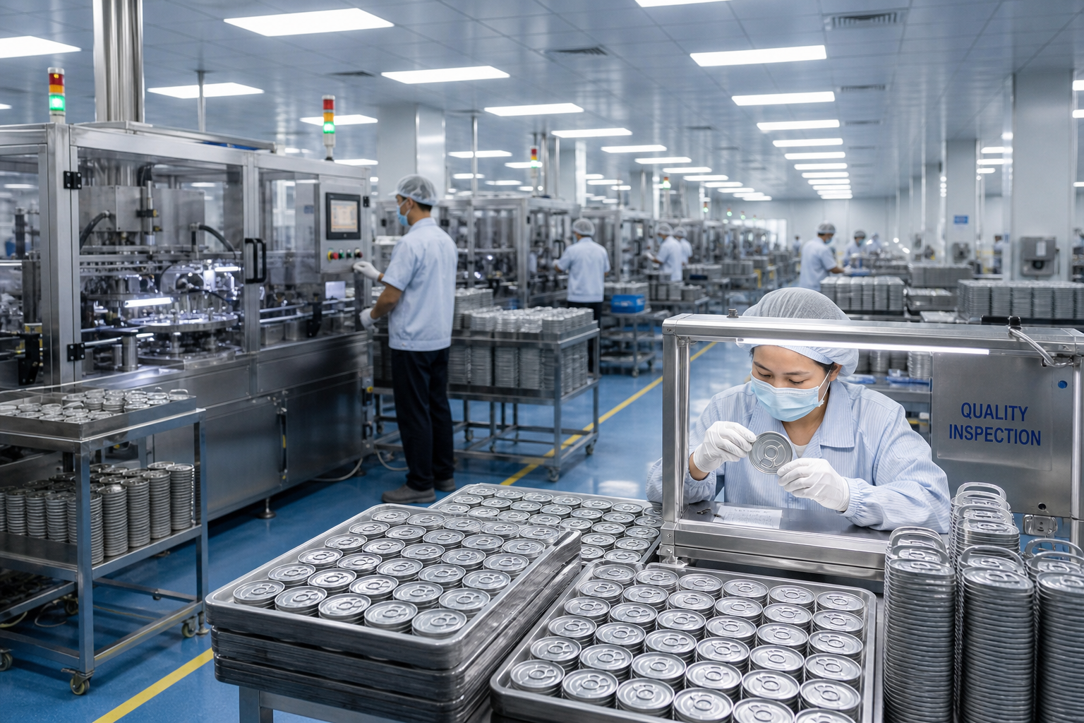 Clean aluminum can component production line with organized workstations and quality inspection area