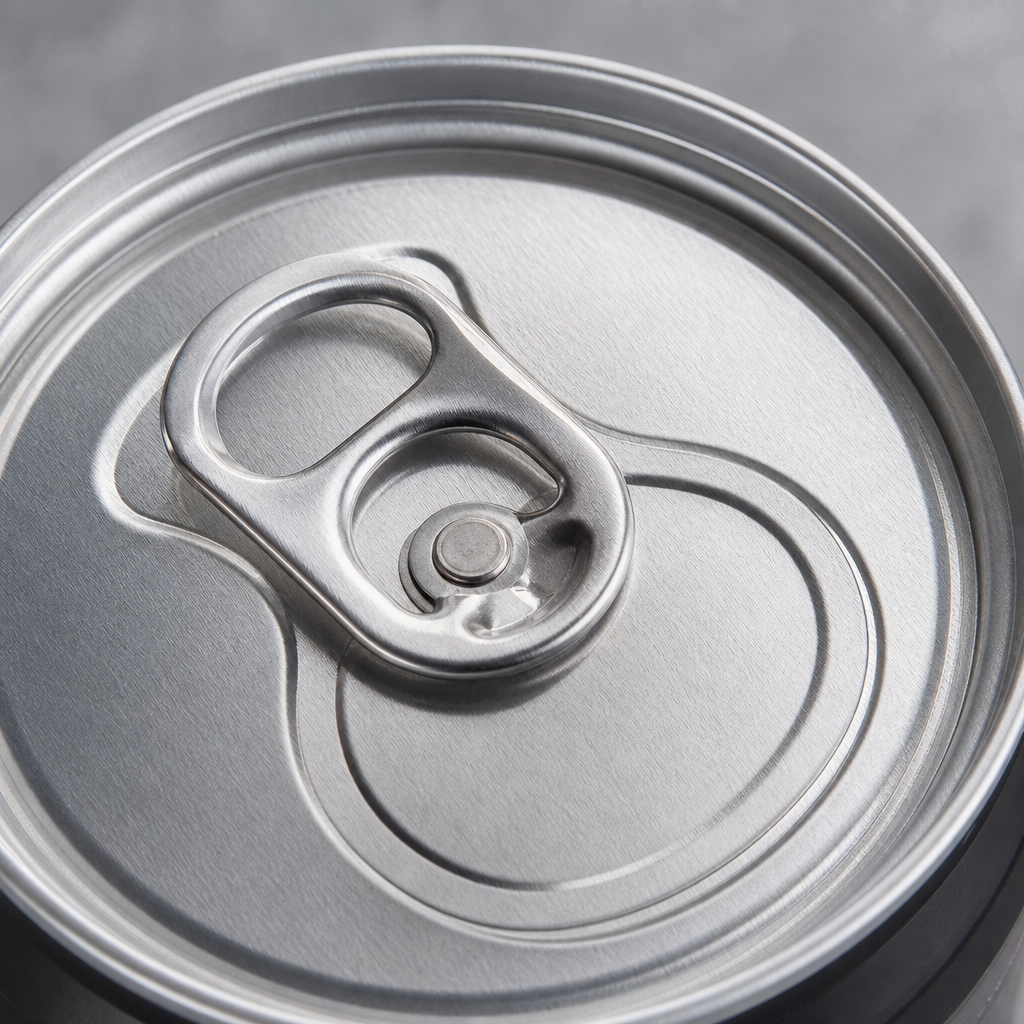 Close-up of aluminum easy open end pull-tab component with scored panel and rivet detail