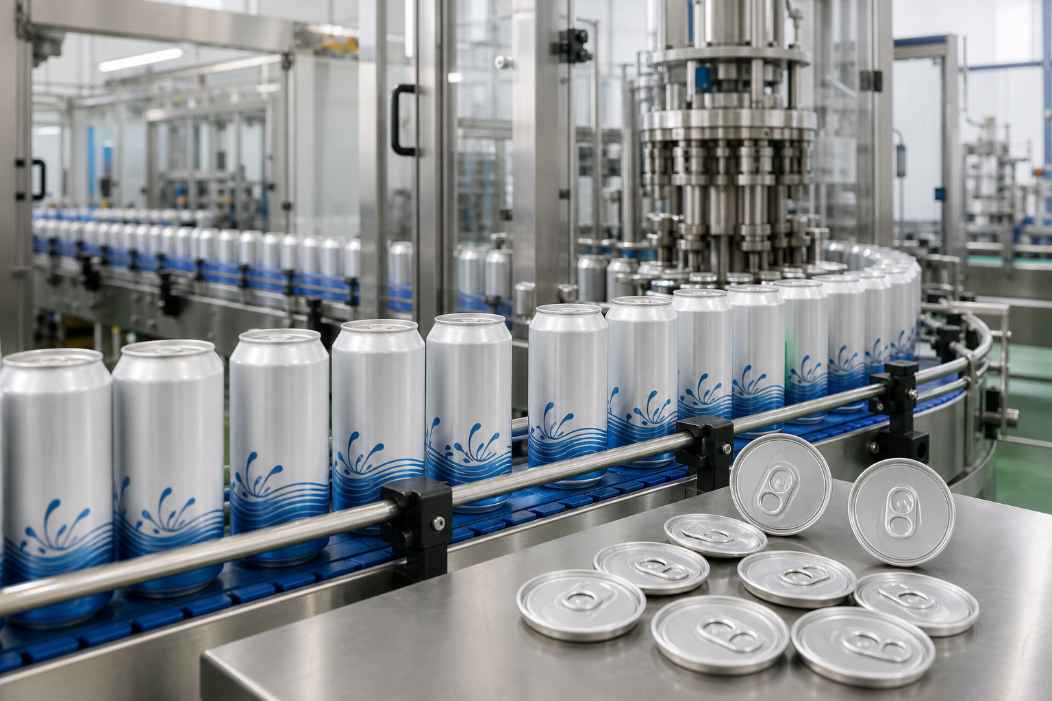 Beverage can packaging line with aluminum can ends and pull tabs prepared for branded drink production