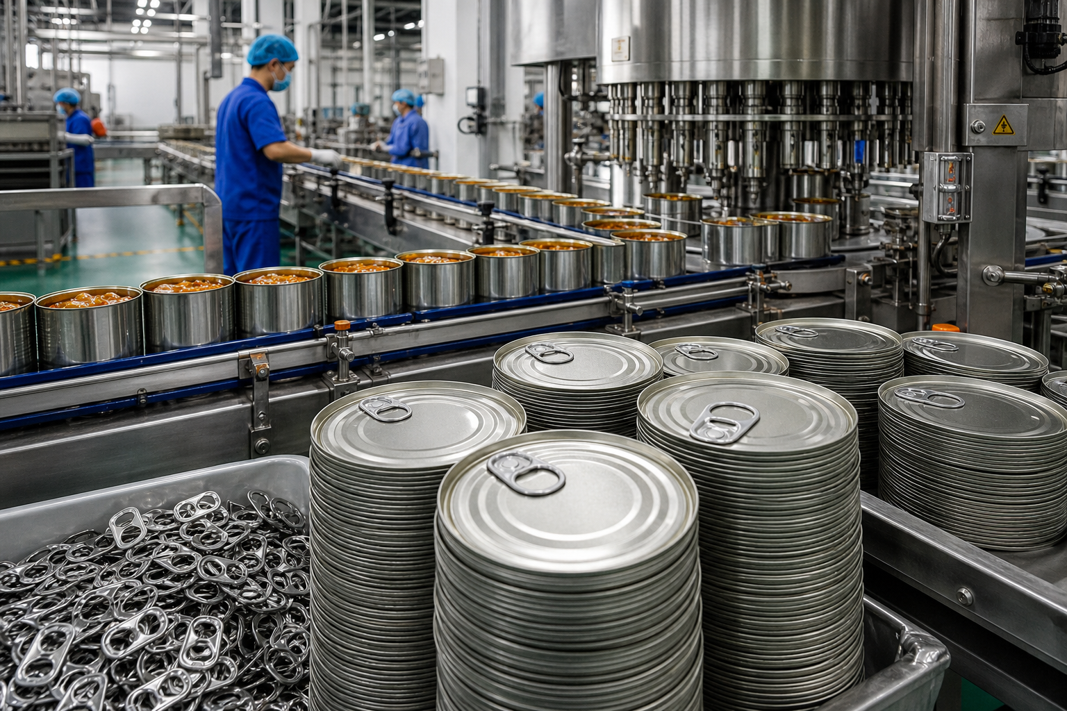 Automated canned food production line with aluminum easy open end components staged for filling and sealing