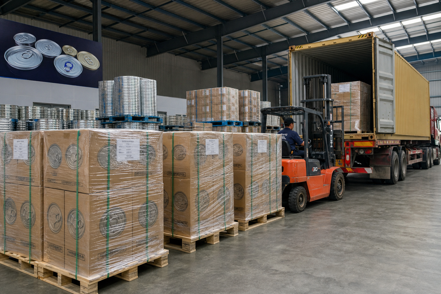 Export packaging pallets with aluminum can end cartons prepared for container loading at an industrial warehouse