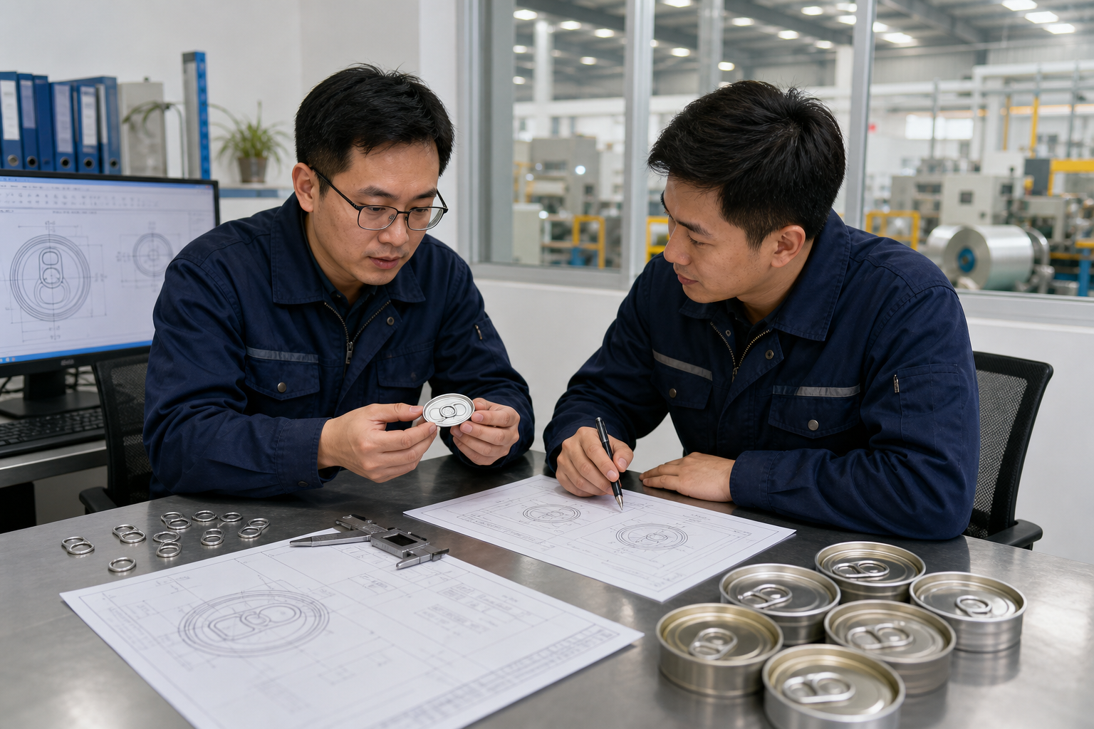 Packaging engineers reviewing easy open end samples and technical drawings on an OEM project table