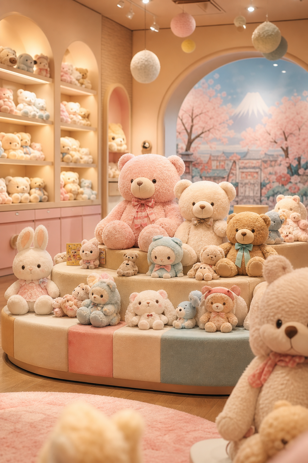 ぬいぐるみ展示が重なる館内の一角を暖かな光で切り取った、やさしい雰囲気の写真