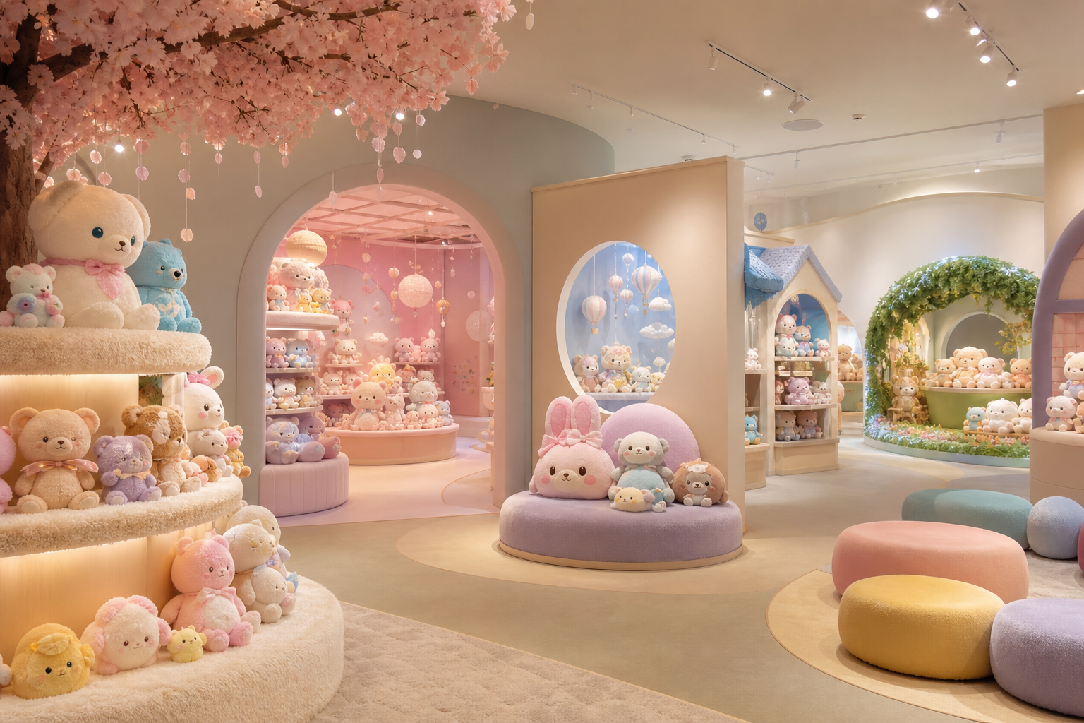 夢のようなぬいぐるみミュージアムの展示空間。大小さまざまなぬいぐるみ、やわらかな照明、写真撮影スポットが広がる光景
