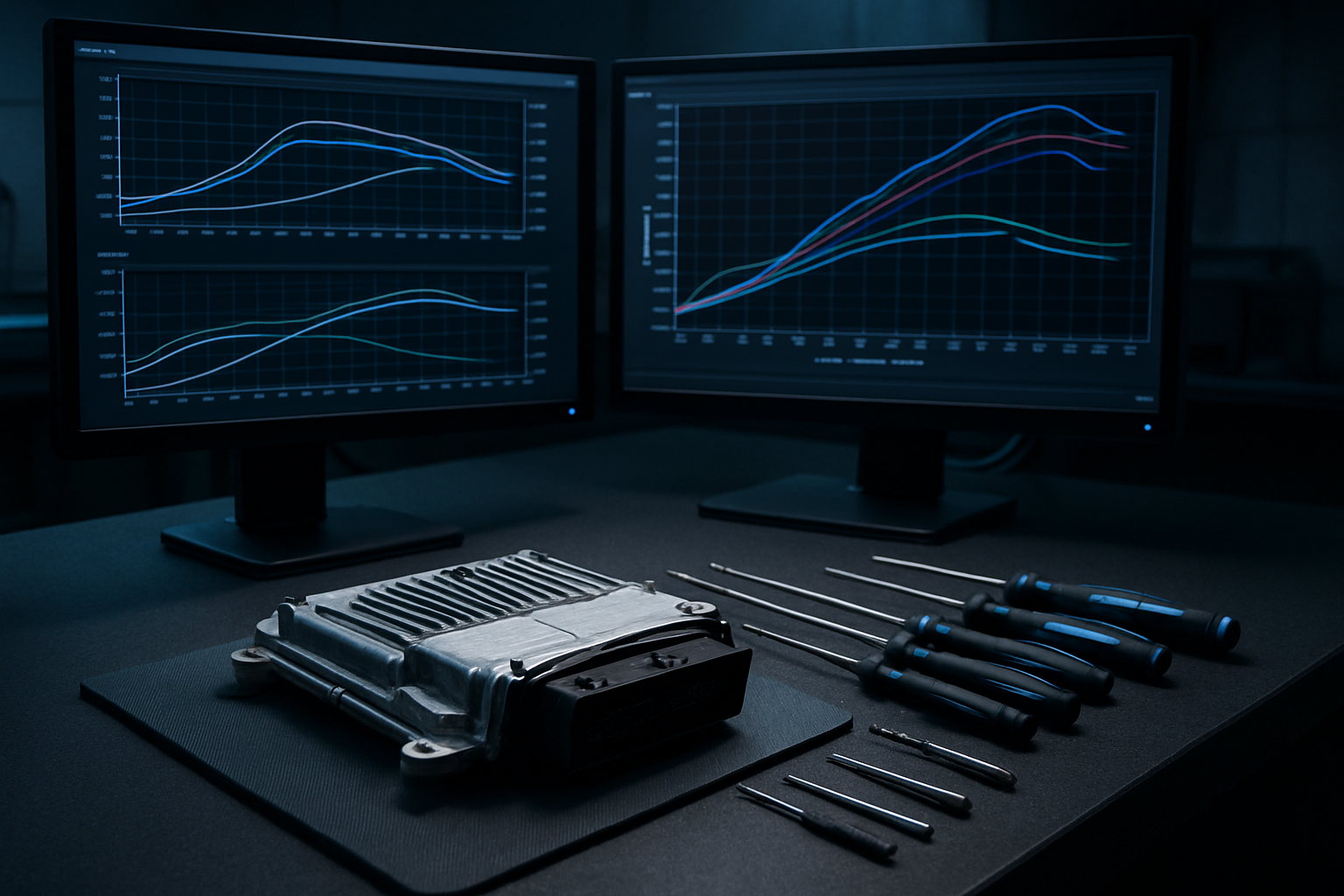 High-tech automotive tuning workstation with diagnostic monitors, an ECU on an anti-static mat, and precision tools on a dark workbench