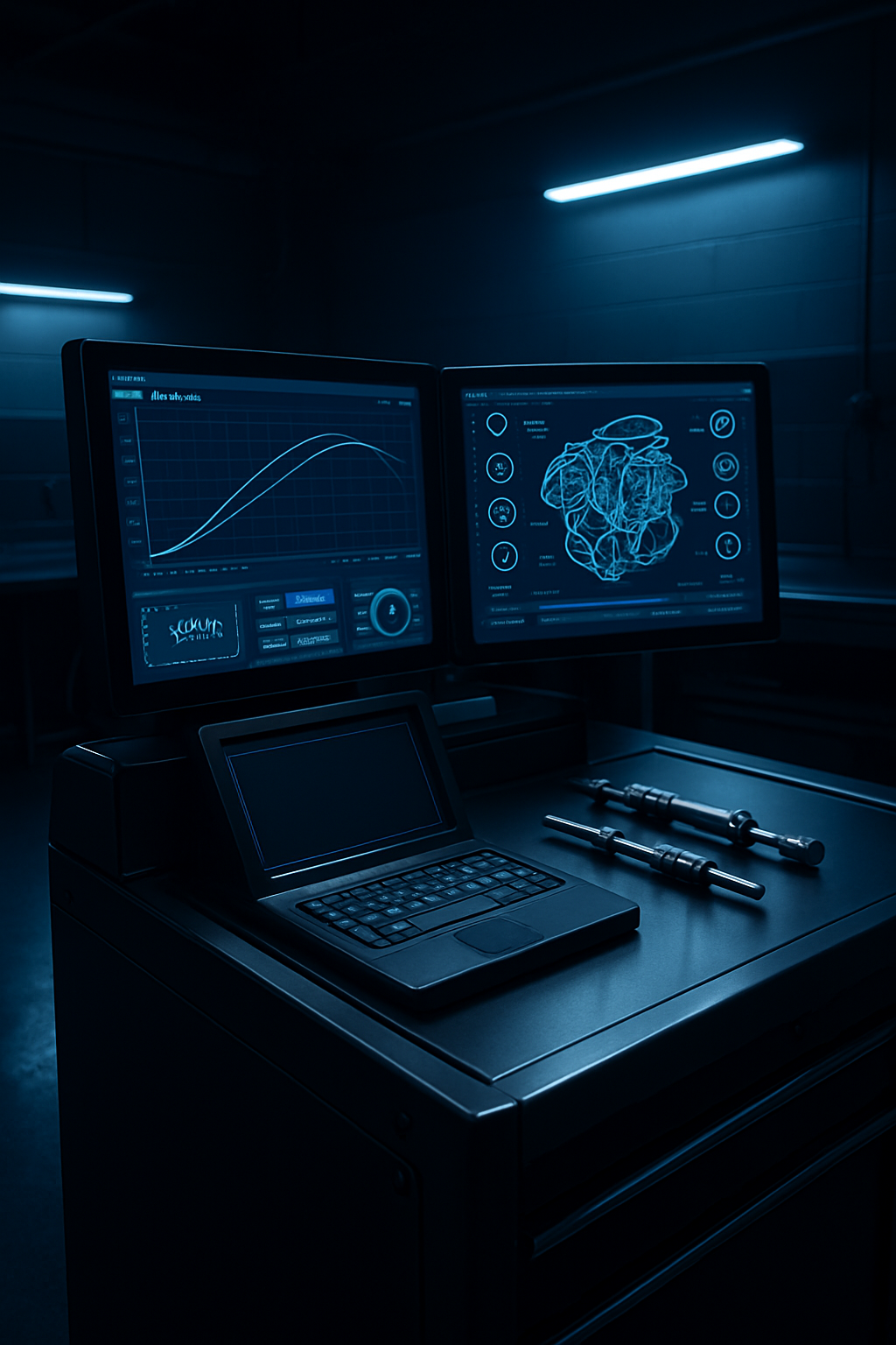 Premium automotive tuning console with illuminated diagnostic screens, precision tools, and dark blue technical lighting