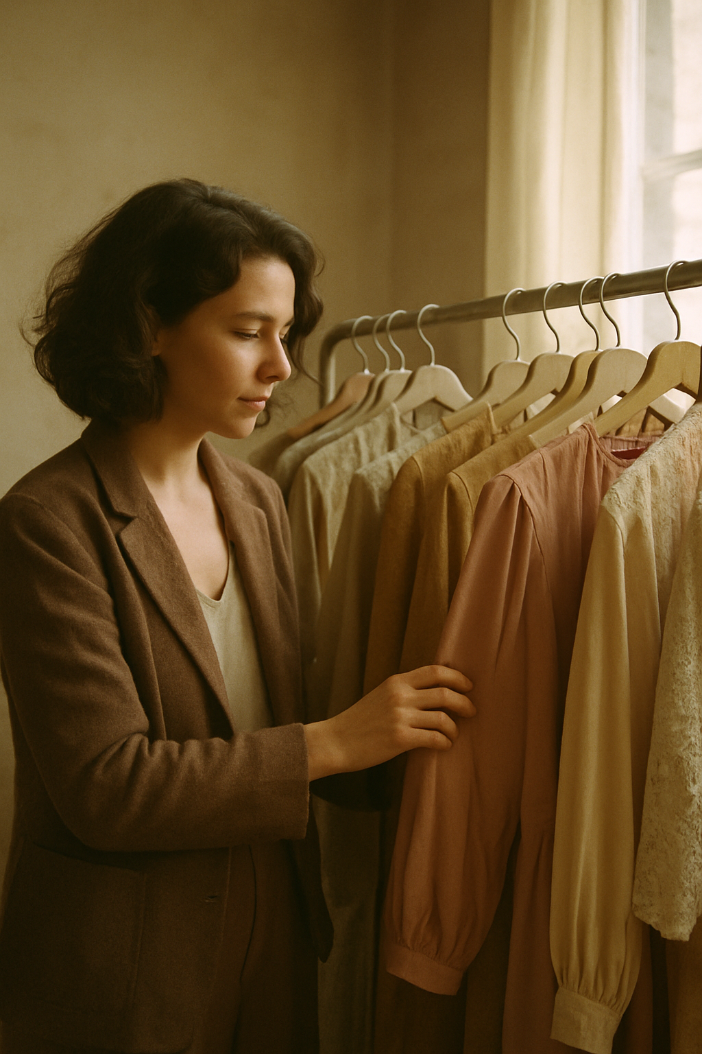 Founder selecting vintage garments from a rack in a softly lit atelier