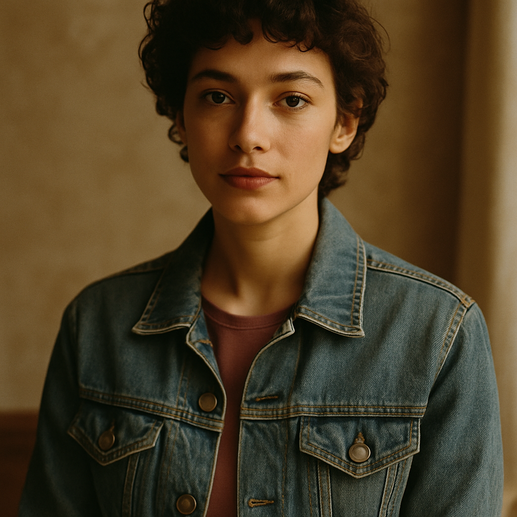 Portrait of a stylish woman with short curly hair wearing a vintage denim jacket