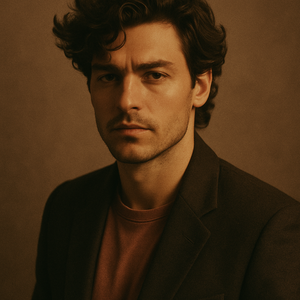 Portrait of a man with wavy hair wearing a dark blazer