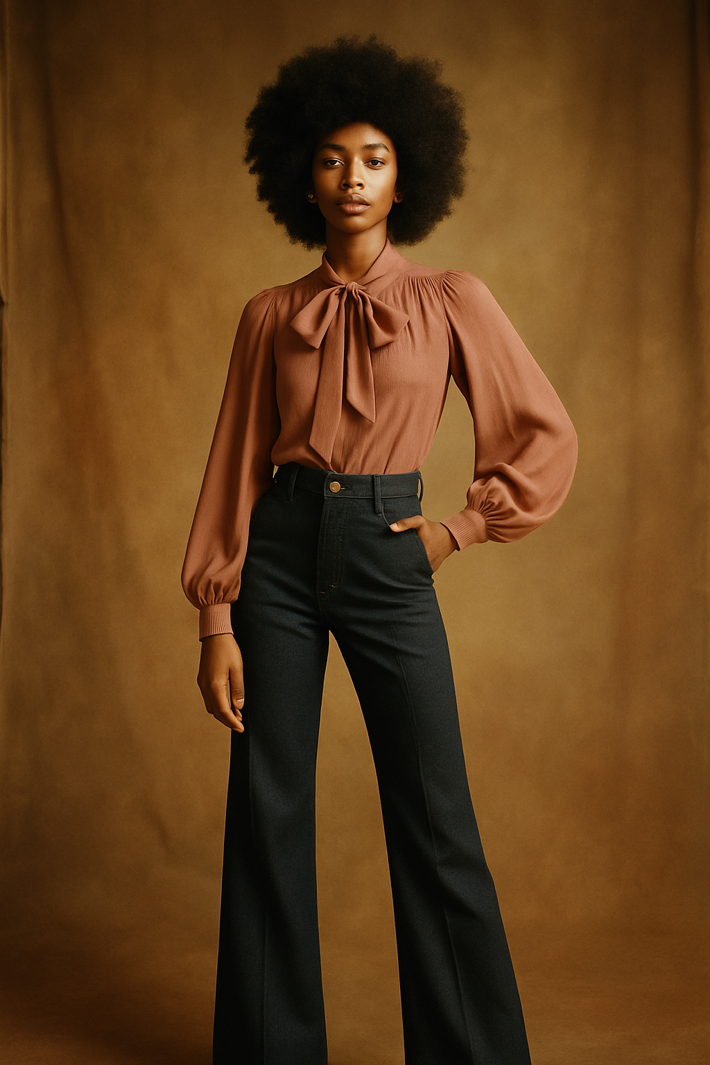 Model in a curated 70s-inspired outfit with warm cinematic lighting