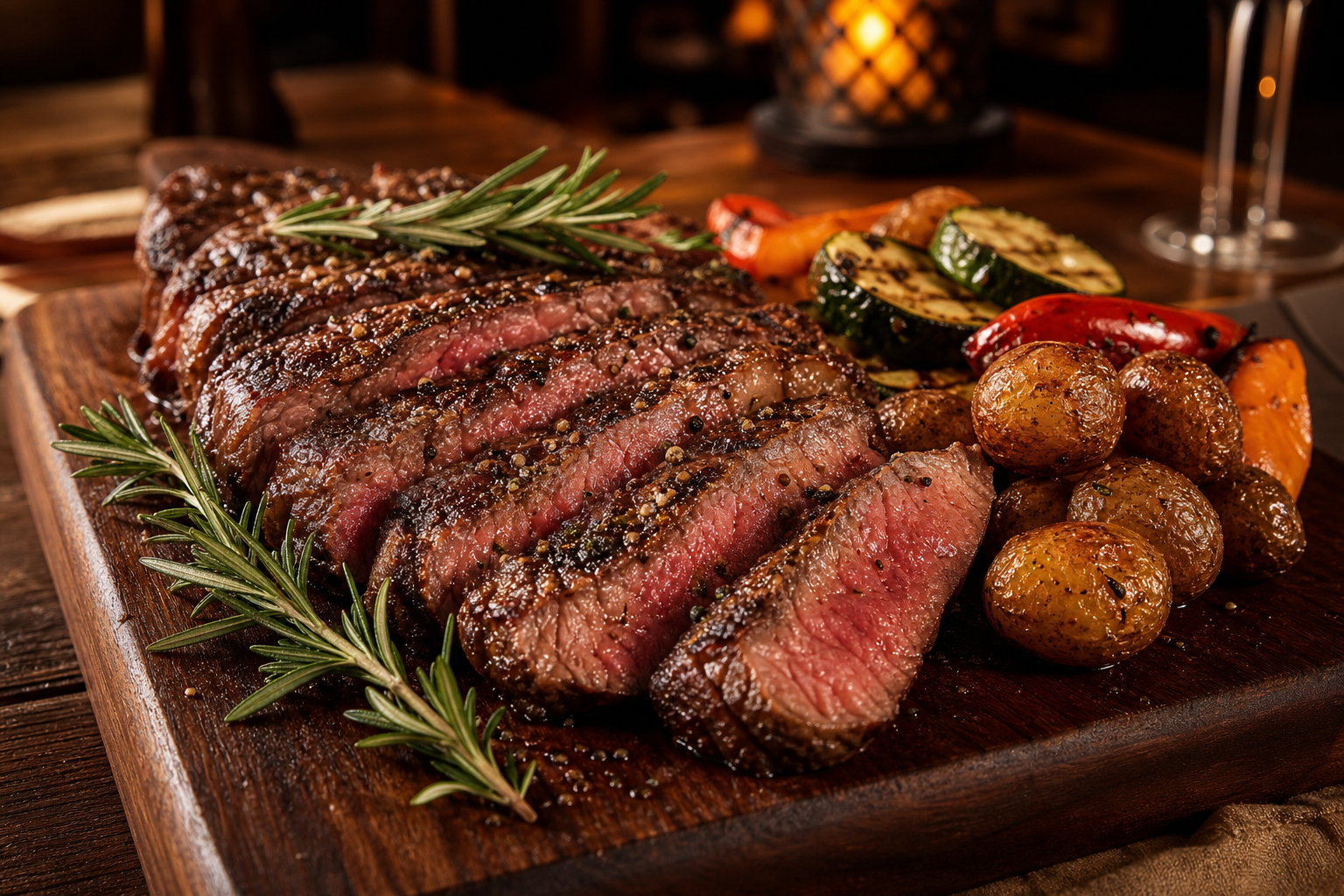 Sliced prime steak on a dark wood board with herbs and roasted vegetables
