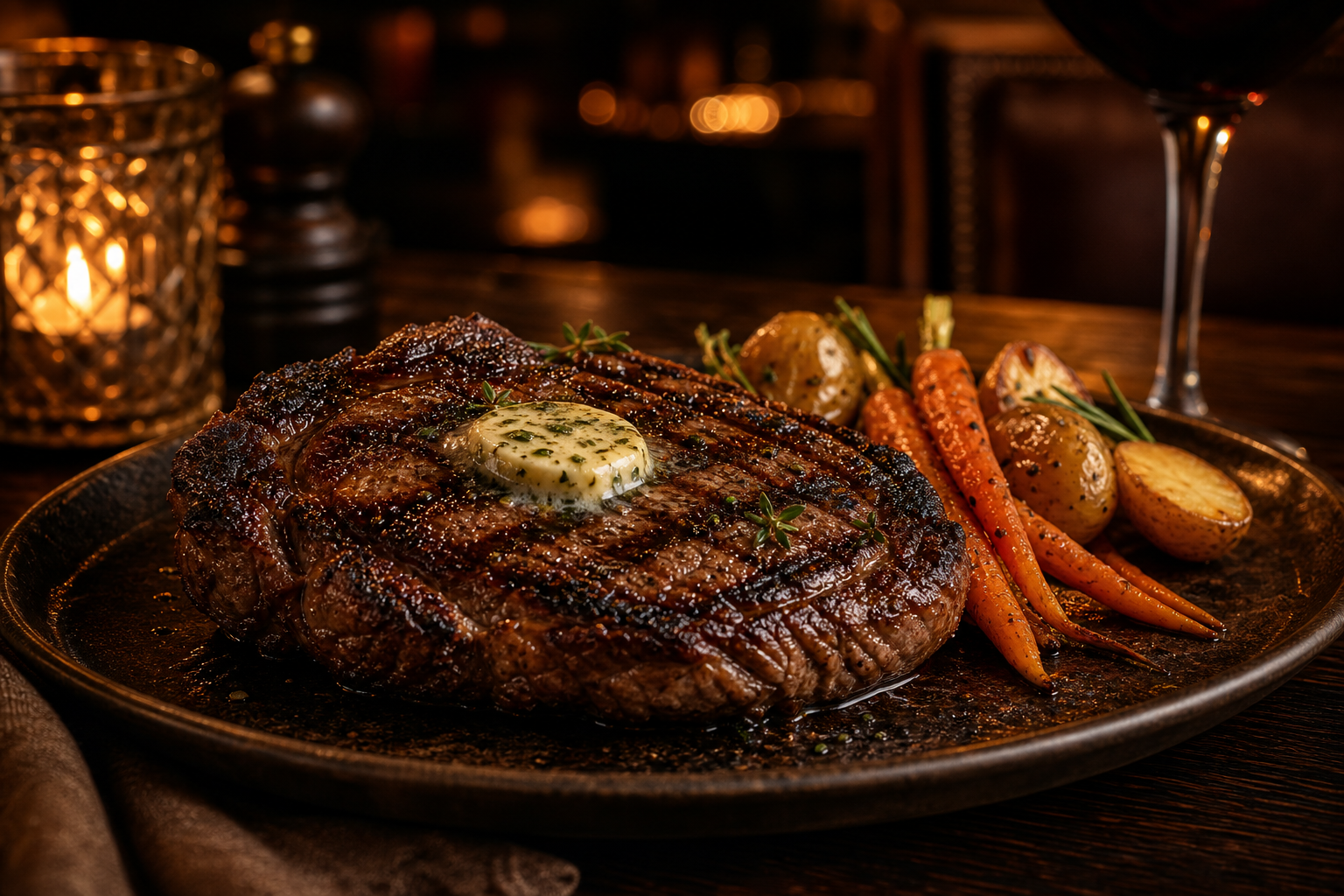 Juicy ribeye steak with charred crust, roasted vegetables, and warm candlelit steakhouse ambiance