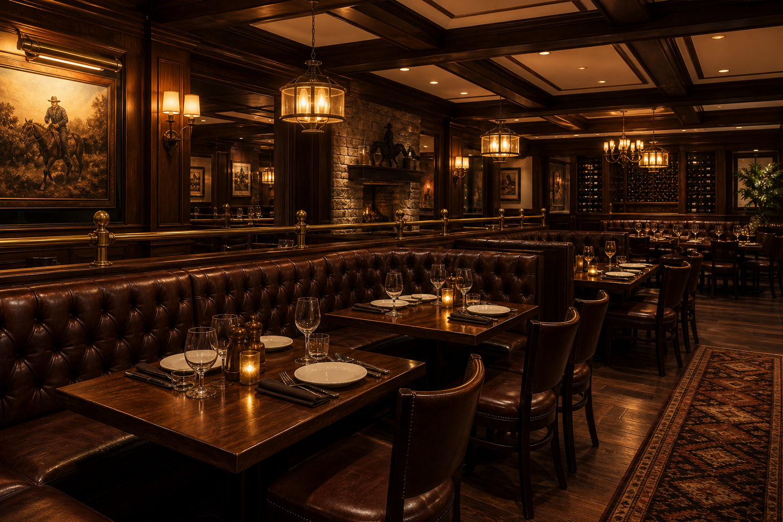 Warmly lit steakhouse dining room with leather booths and wood accents