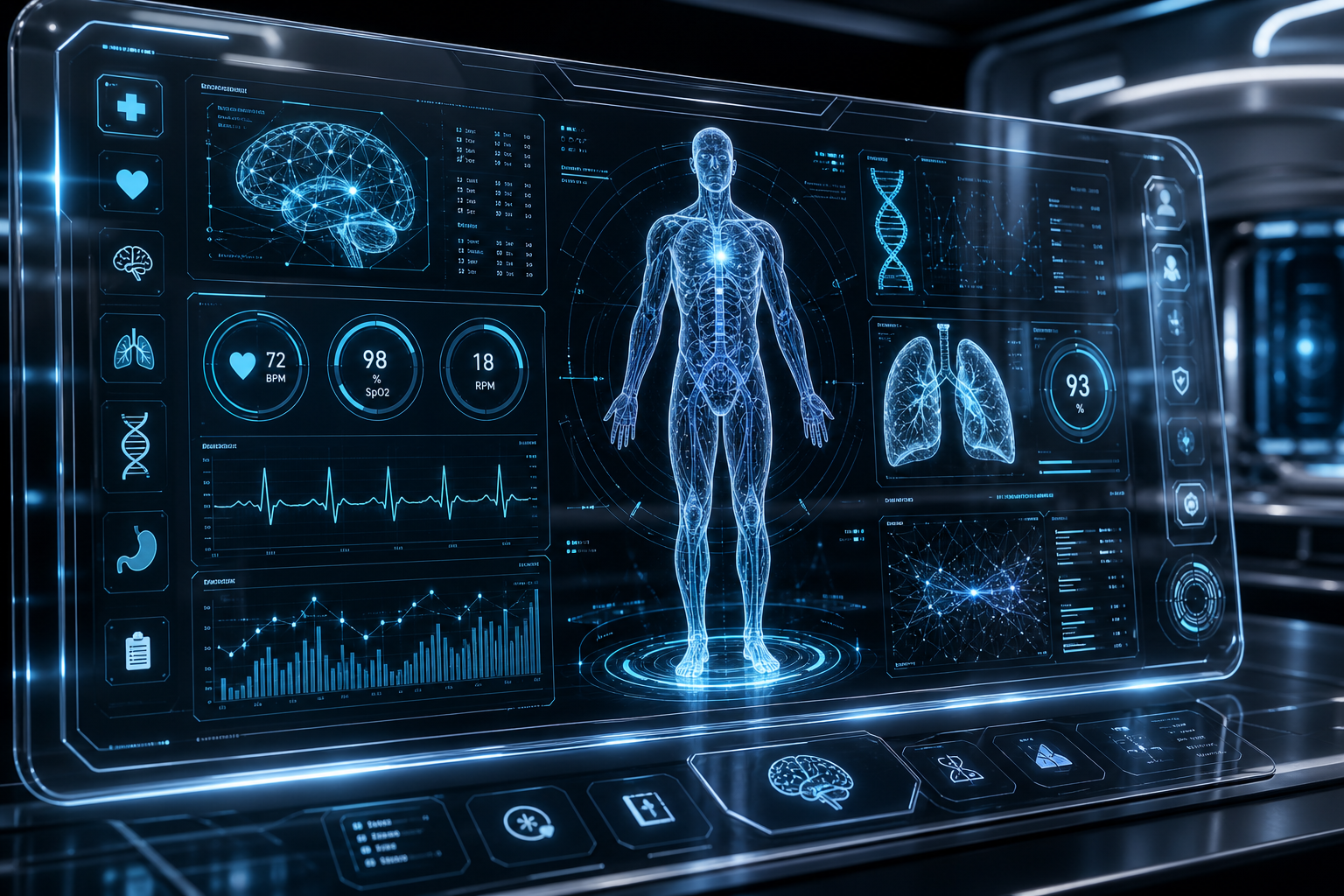 Futuristic medical AI diagnostic dashboard with holographic charts, neural network overlays, and glowing cyan interface elements on a dark glass panel.