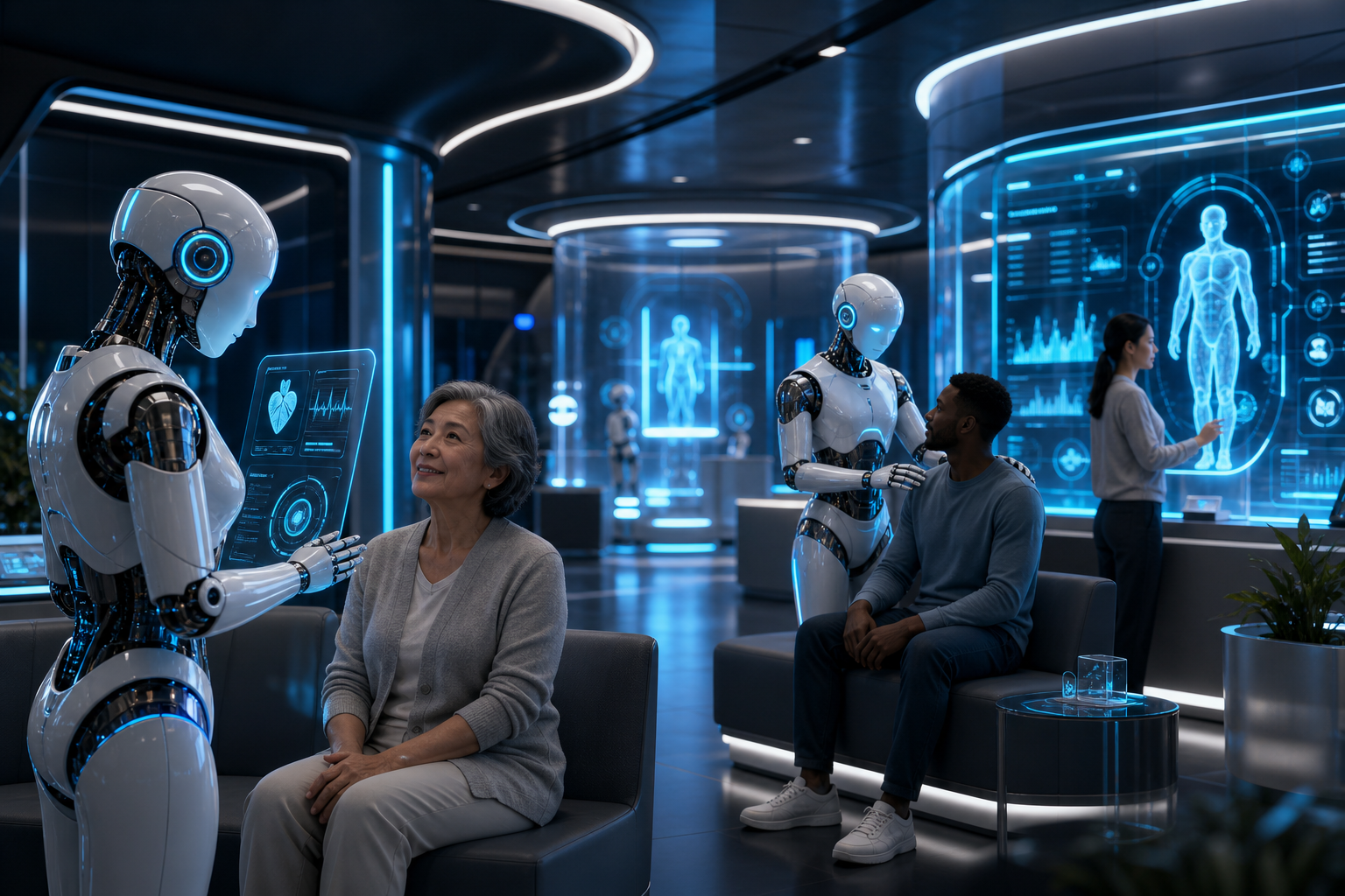 Hyper-realistic futuristic hospital environment with humanoid medical robots assisting diverse patients and holographic medical interfaces