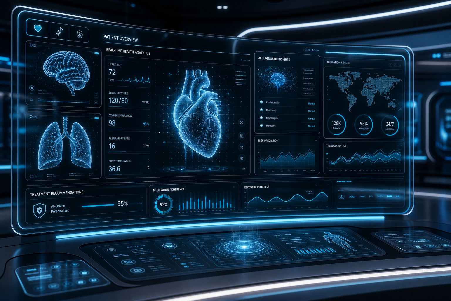 Cinematic futuristic healthcare analytics dashboard with holographic medical panels, glowing cyan charts, and AI monitoring overlays