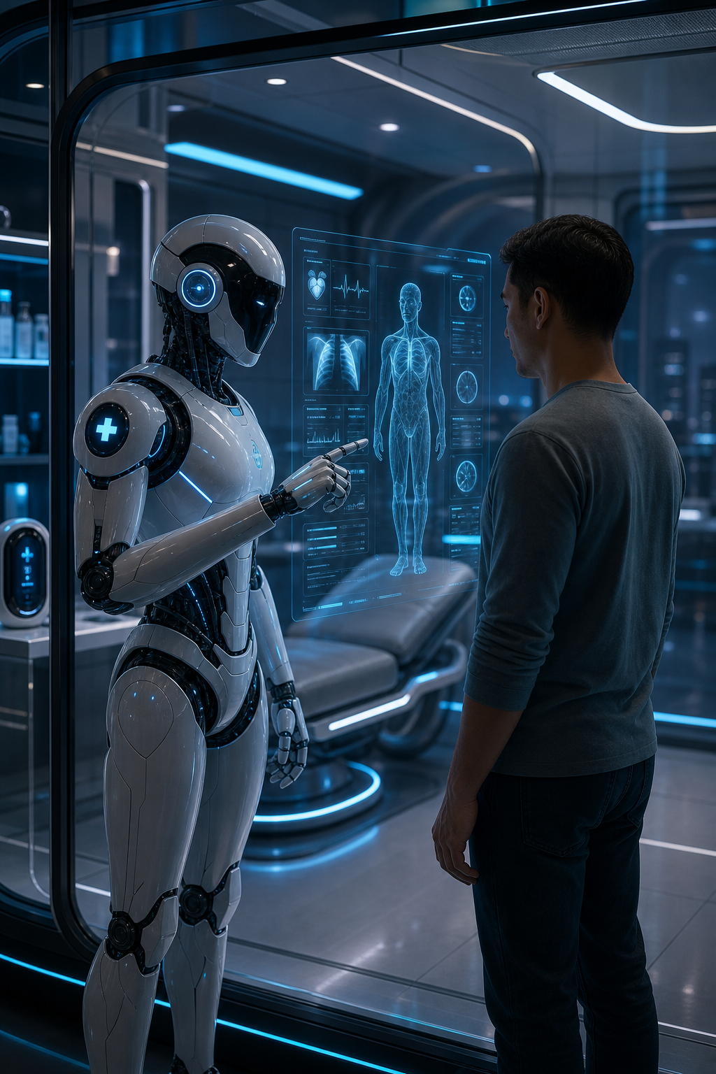 Cinematic view of a futuristic remote clinic where a humanoid medical robot guides a diverse patient through holographic diagnostics inside a sleek glass-lined treatment pod
