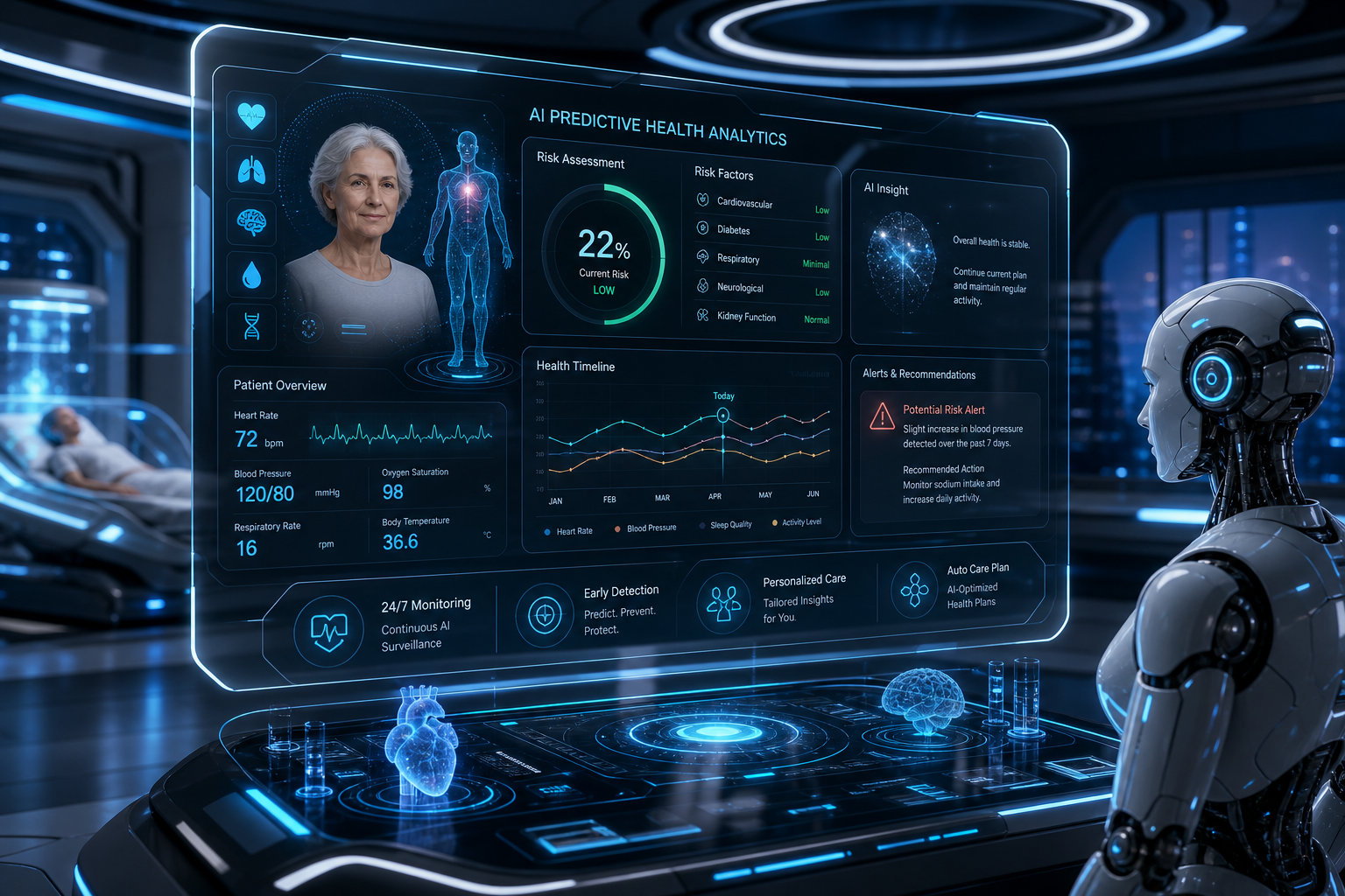 Cinematic predictive healthcare monitoring interface showing patient vitals, risk alerts, and timeline analytics in a sleek dark glass holographic display with cyan and silver accents.