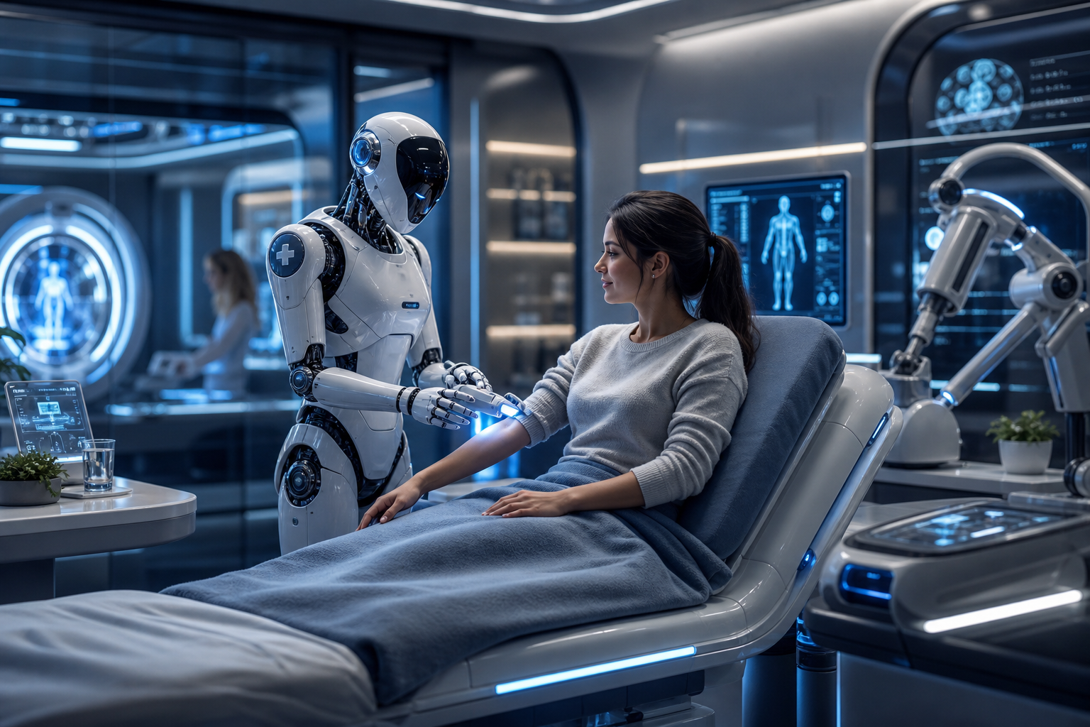 Hyper-realistic humanoid medical robot assisting a patient in a futuristic remote care suite with soft blue lighting, glass surfaces, and robotic instruments.