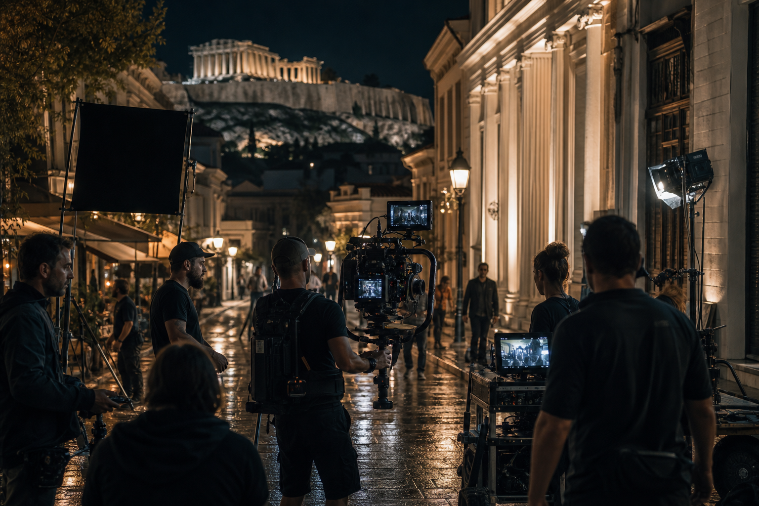 Night exterior film set in Athens with crew and camera rig beside lit neoclassical facades