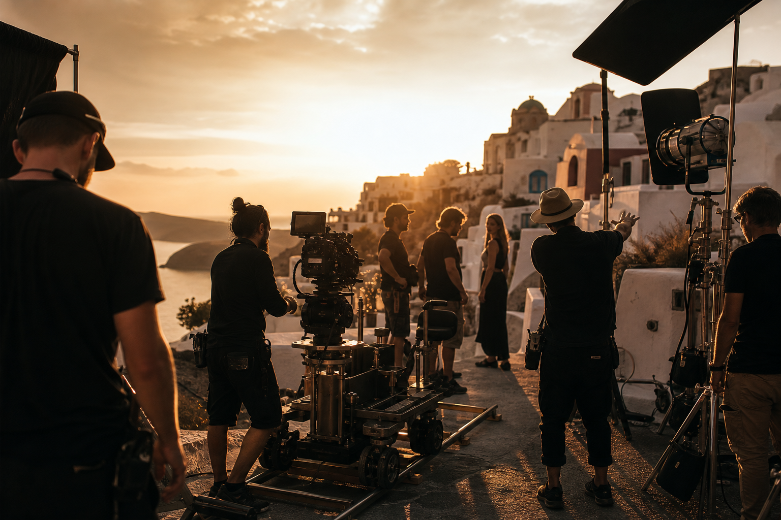 Cinematic production scene in Greece at golden hour with an active film crew, camera rig, lighting setup, and premium on-set atmosphere