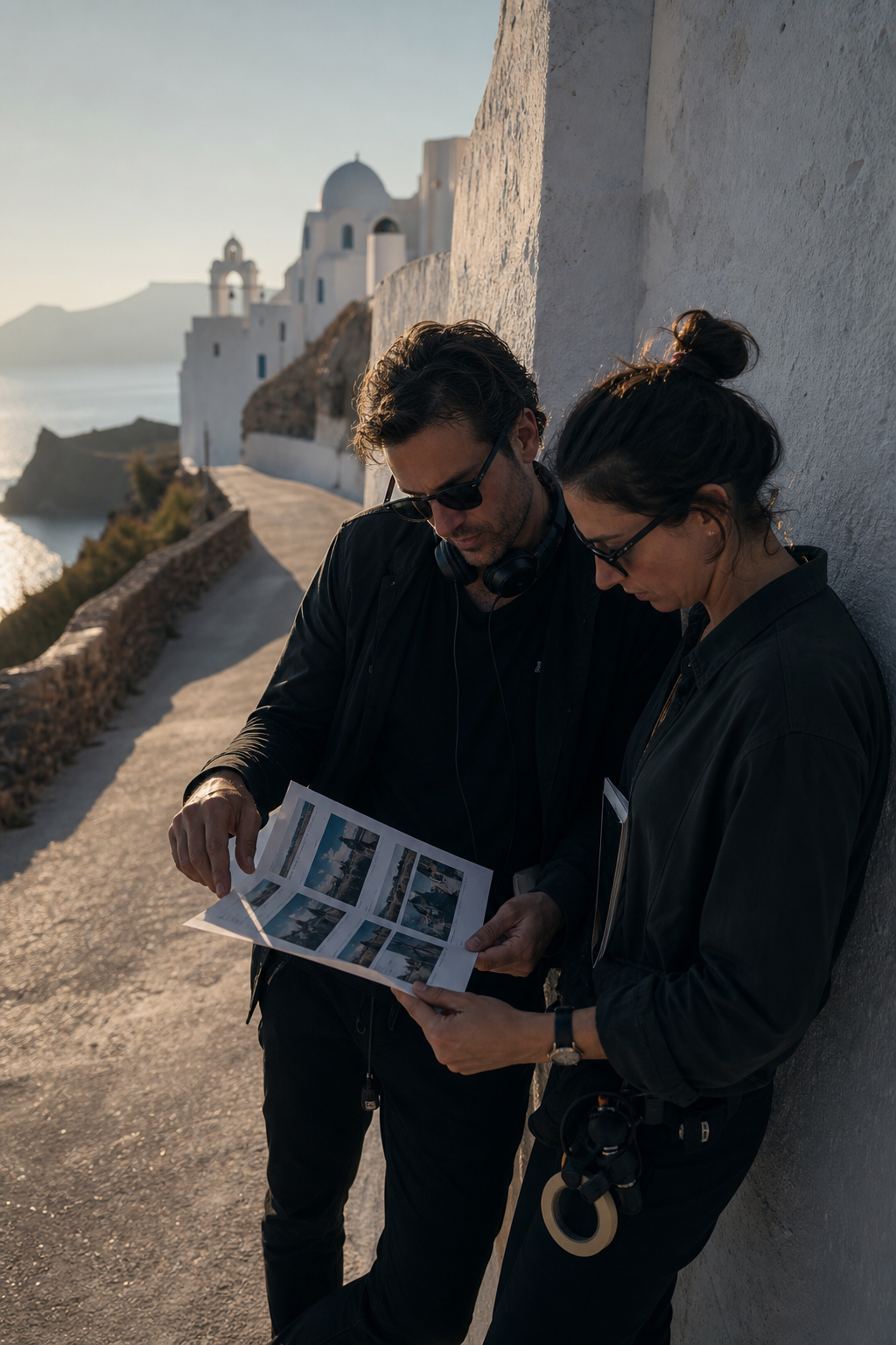 Location scout review on a Cycladic cliffside road above the Aegean during golden hour