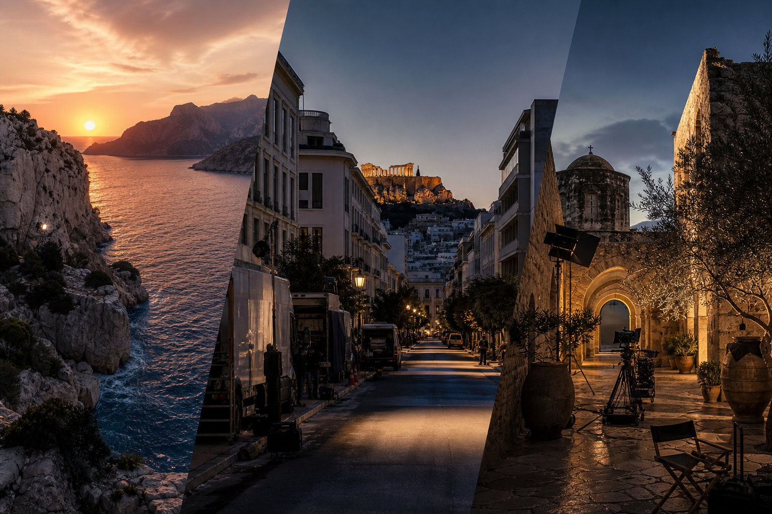 Cinematic Greece location montage blending sunlit coastline cliffs, modern Athens streets, and historic stone architecture prepared for a premium commercial shoot