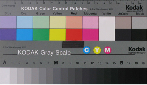 Kodak color control card with multicolor patches and grayscale strip