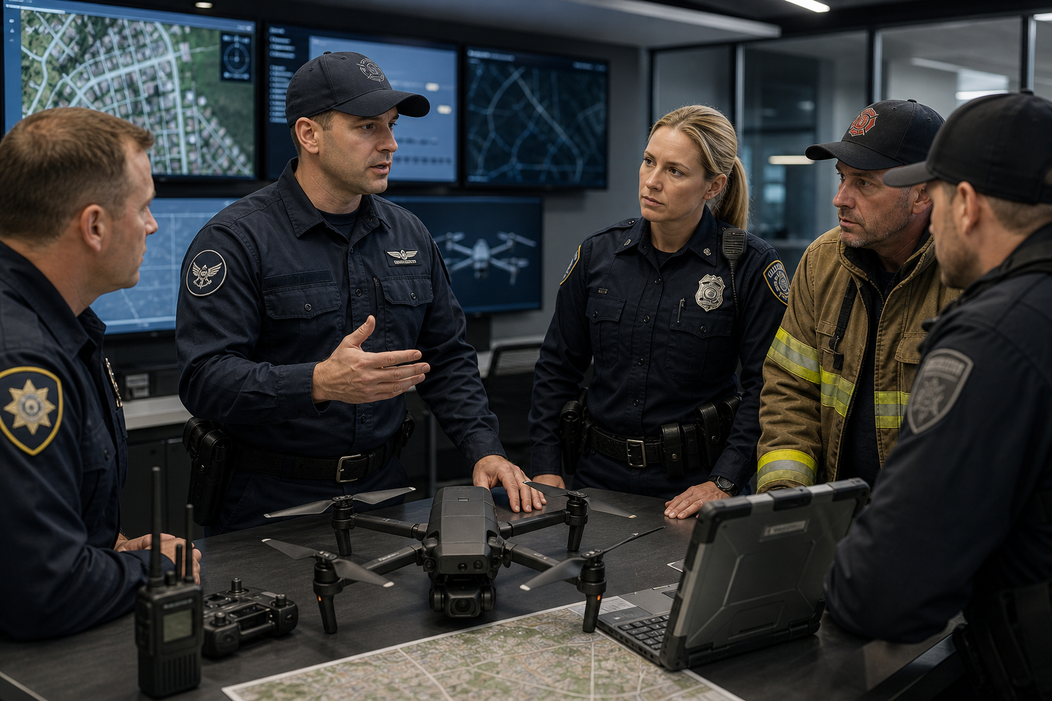 Licensed drone pilot in a dark uniform briefing a public safety team beside a quadcopter drone on a command table, with radios and maps visible
