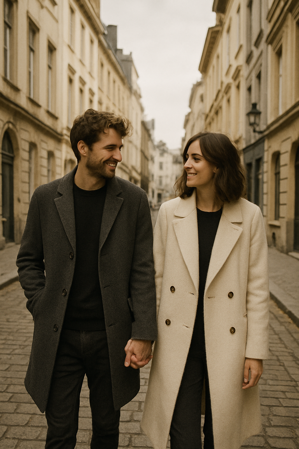 Couple walking hand in hand on a quiet city street
