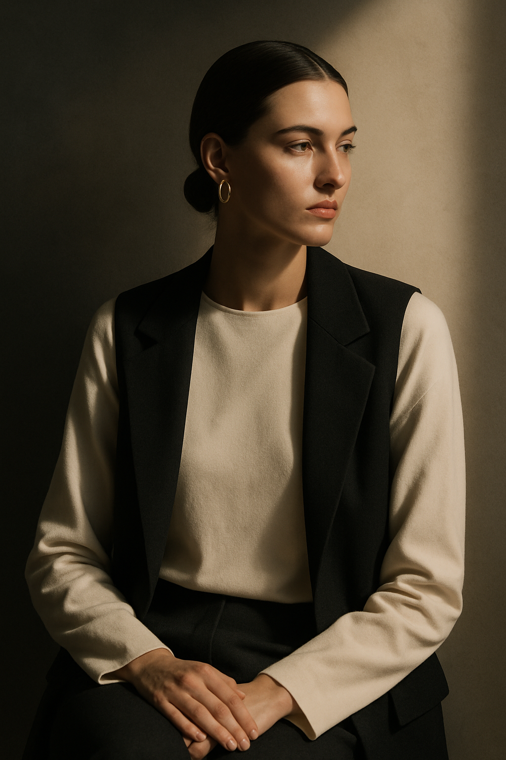 Editorial portrait with sculptural lighting and shadows