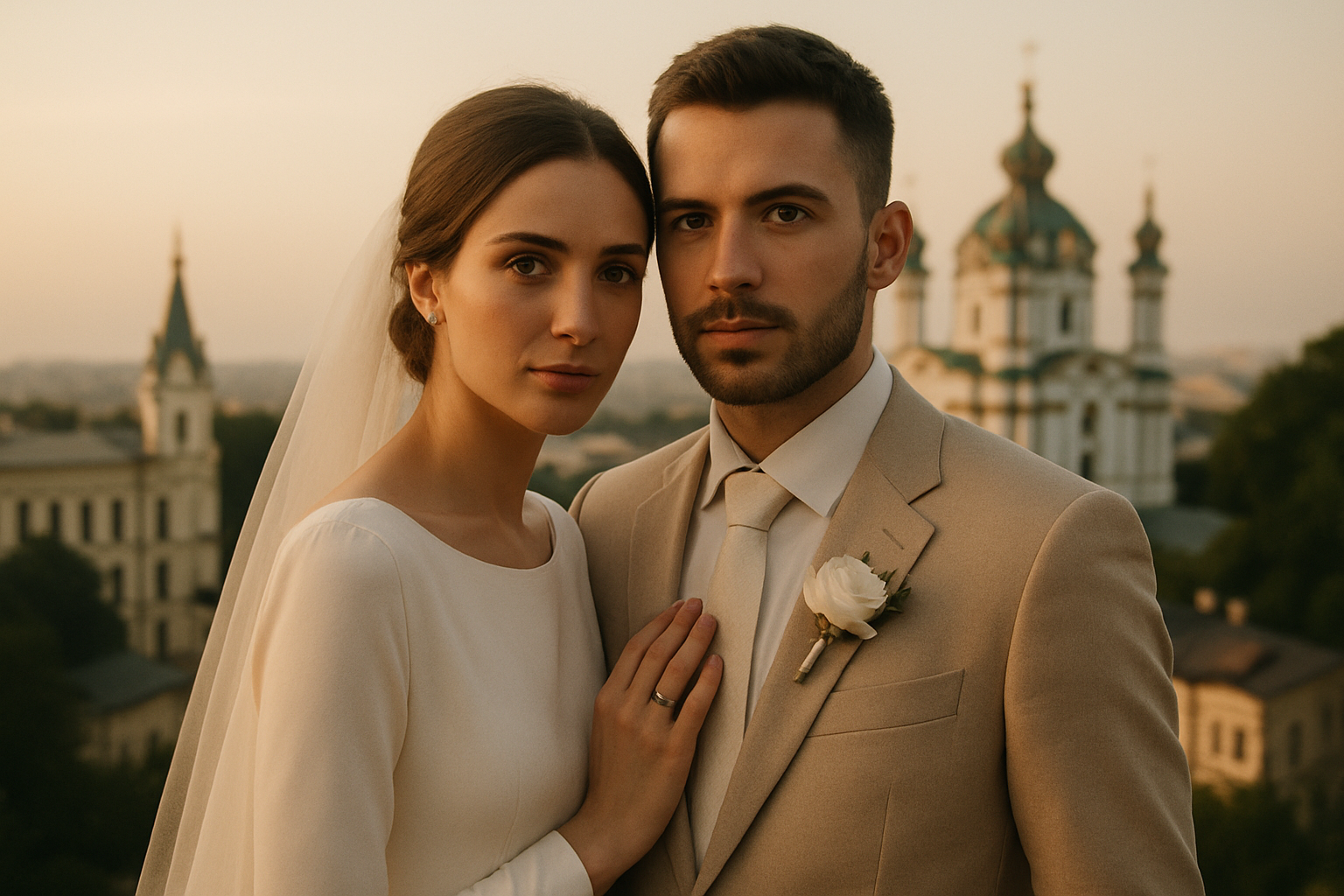 Elegant portrait-style wedding couple in Kyiv at golden hour