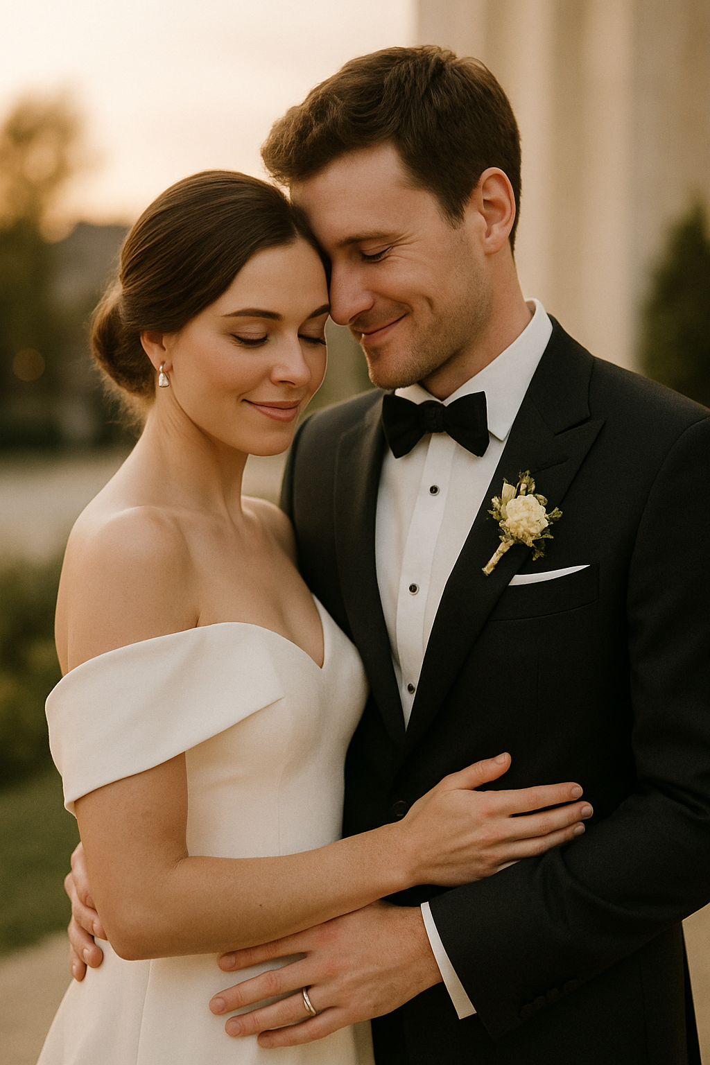 Bride and groom embracing under soft evening light