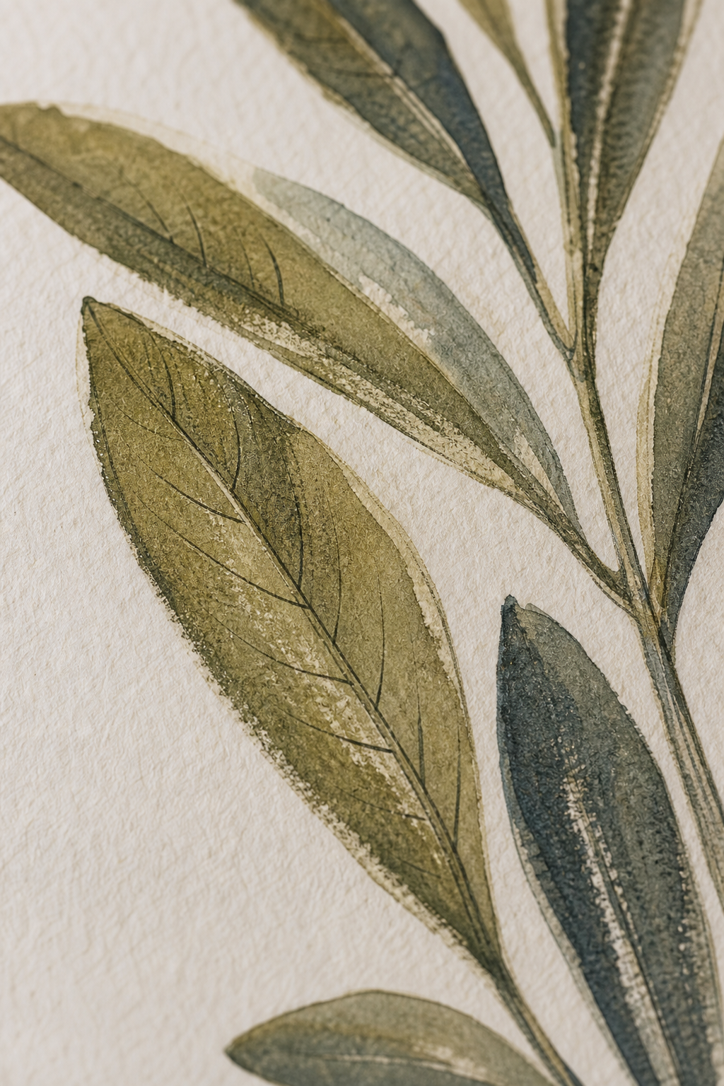 Macro leaf-vein brushwork in olive green on textured paper