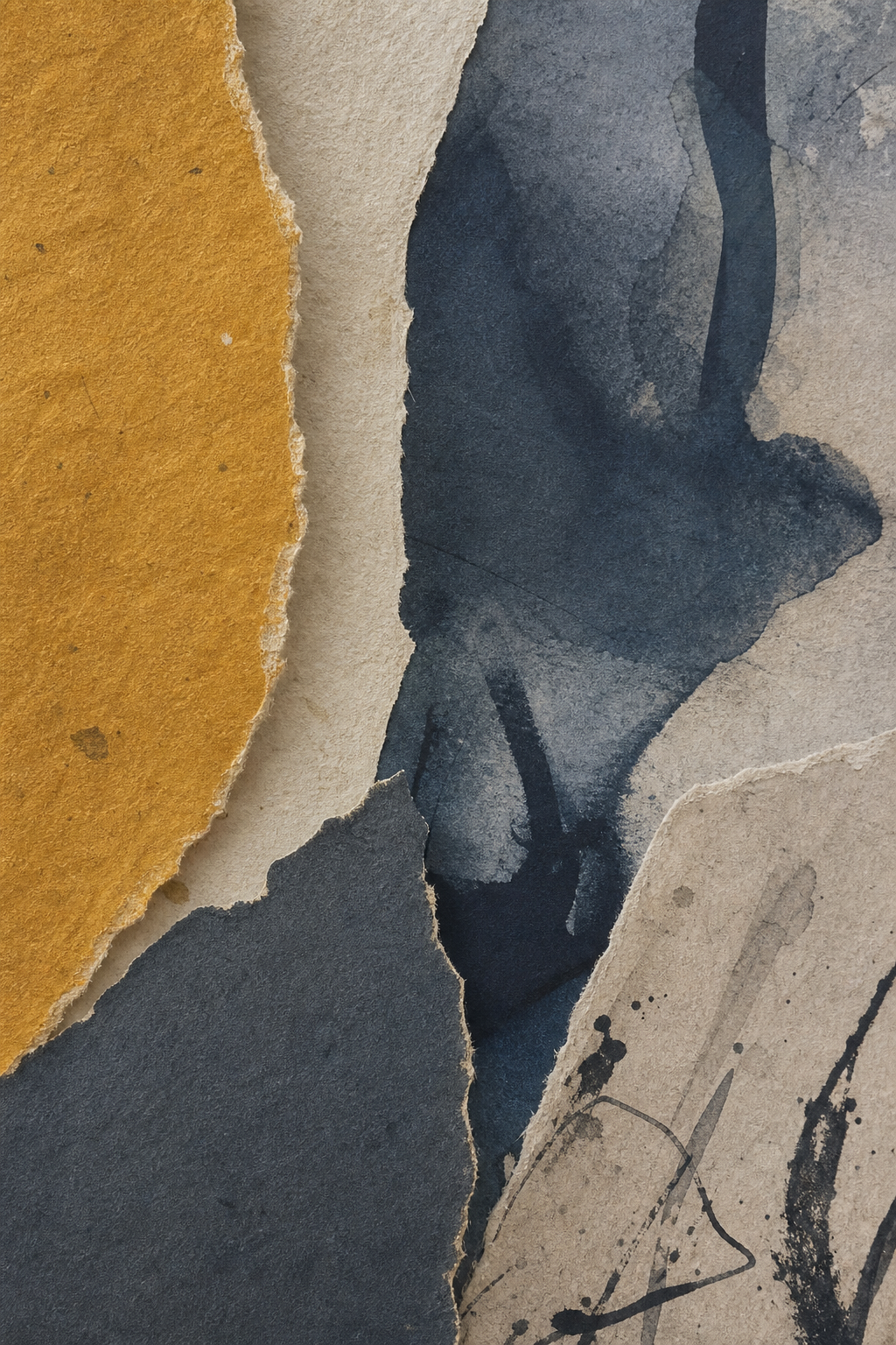 Close crop with torn paper edges in ochre and slate tones