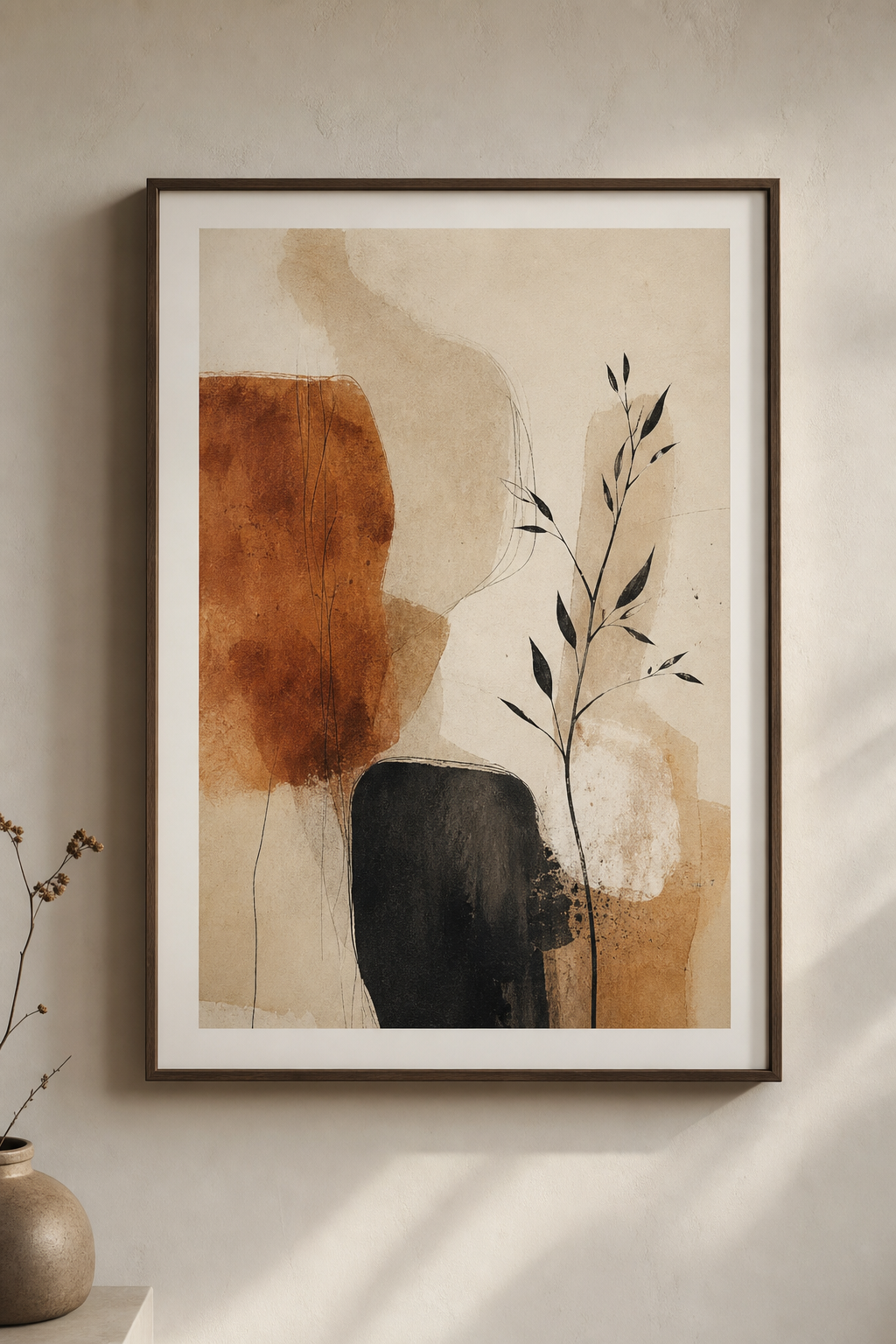 Framed editorial artwork featuring layered ink textures in warm sienna, muted charcoal, and soft cream tones